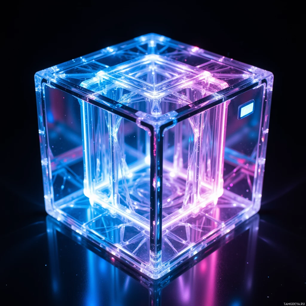 Semi-abstract image with many light, that is suitable for the post:  translucent glass cube with pulsing neon lines, a tiny touchpad on one side, minimalist design, sleek glass shell reflecting light like a prism.