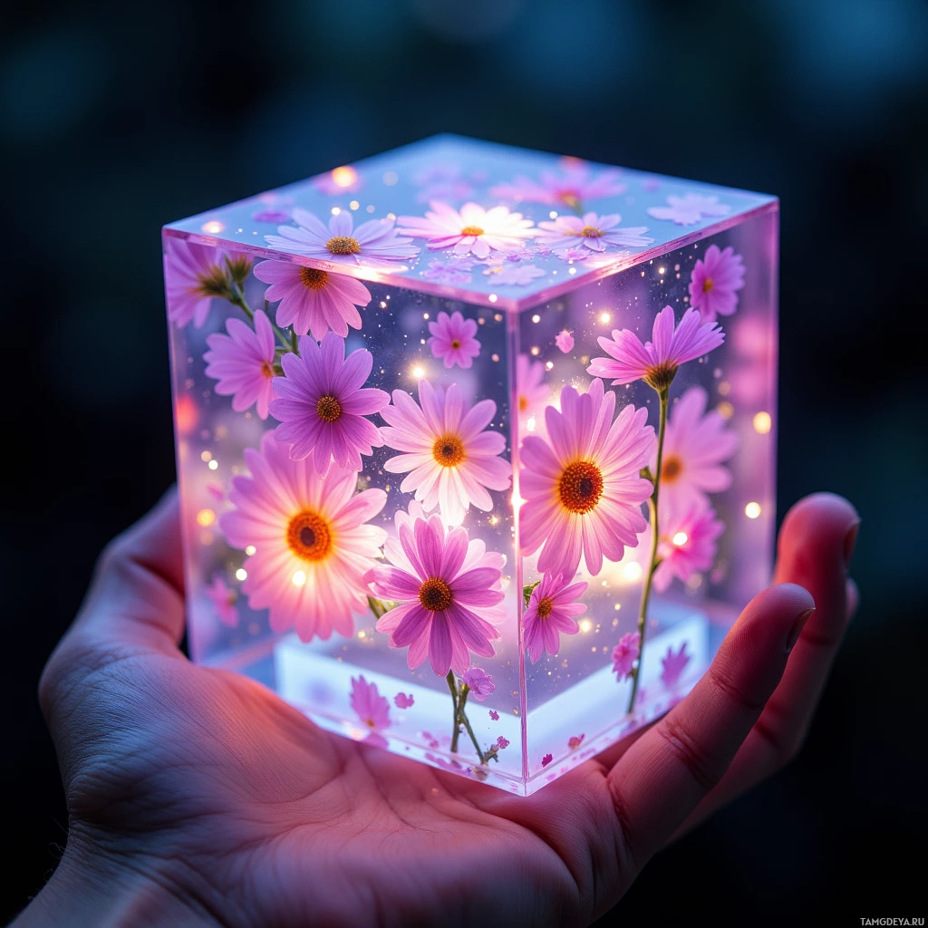 Semi-abstract image with many light, that is suitable for the post:  Handheld hexagonal glass prism cube with crystal walls, containing pressed petals illuminated by micro‑LEDs that emit soft pastel hues, refracting light, with a tiny embedded sensor interface, delicate and ethereal.