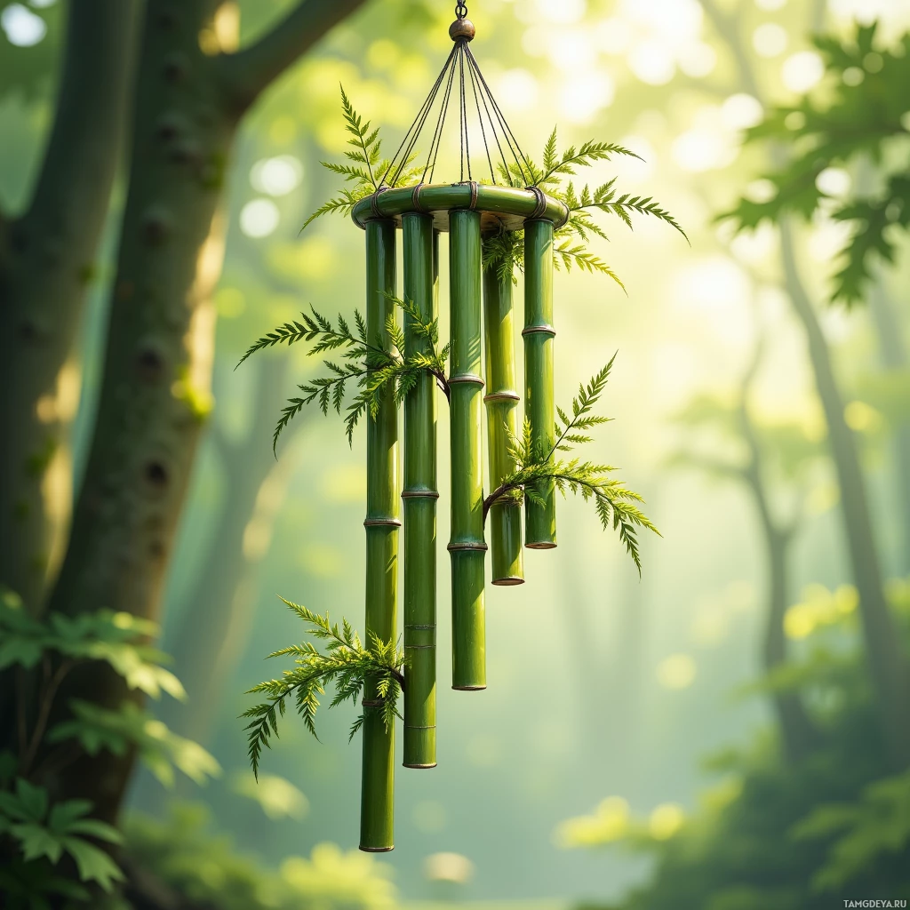 Semi-abstract image with many light, that is suitable for the post:  Hand‑tied bamboo wind chime with slender bamboo sticks, each twig sprouting tiny green ferns and delicate fern shoots like floating feathers, natural bamboo texture, subtle metallic clinks.