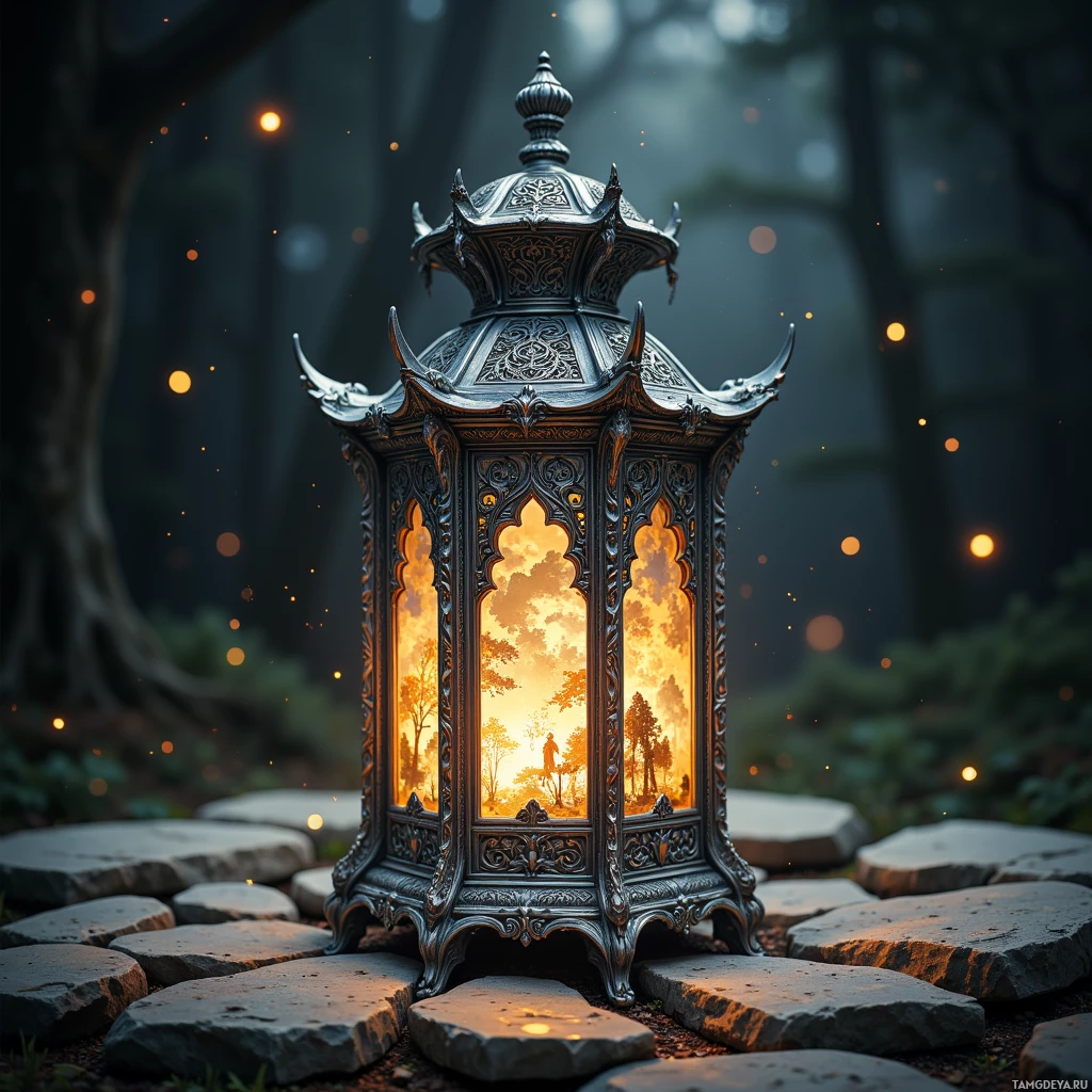 Semi-abstract image with many light, that is suitable for the post:  A silver lantern with an intricately carved frame of swirling runes that glow faintly like distant stars, a lattice of time etched into the glass, projecting flickering scenes of forgotten epochs.