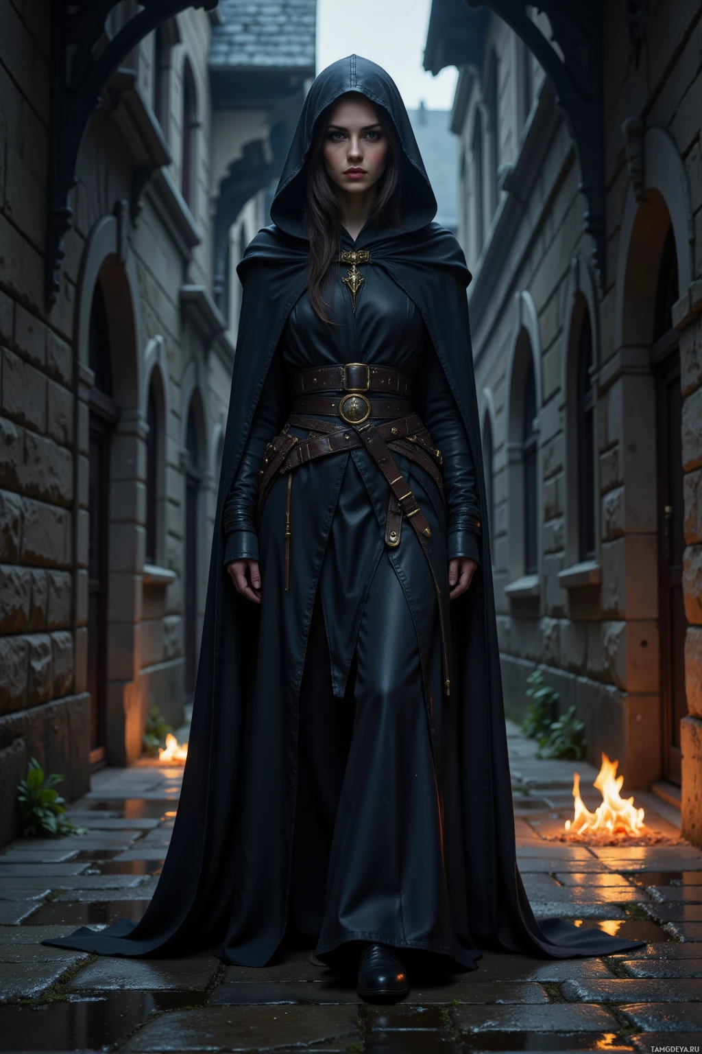 Realistic high quality photo. Nighttime alley with wet stone walls, a tall woman with dark hair and piercing green eyes, wearing a dark hooded cloak that blends into the shadows, silently moving through faint glowing embers, leaving no trace.