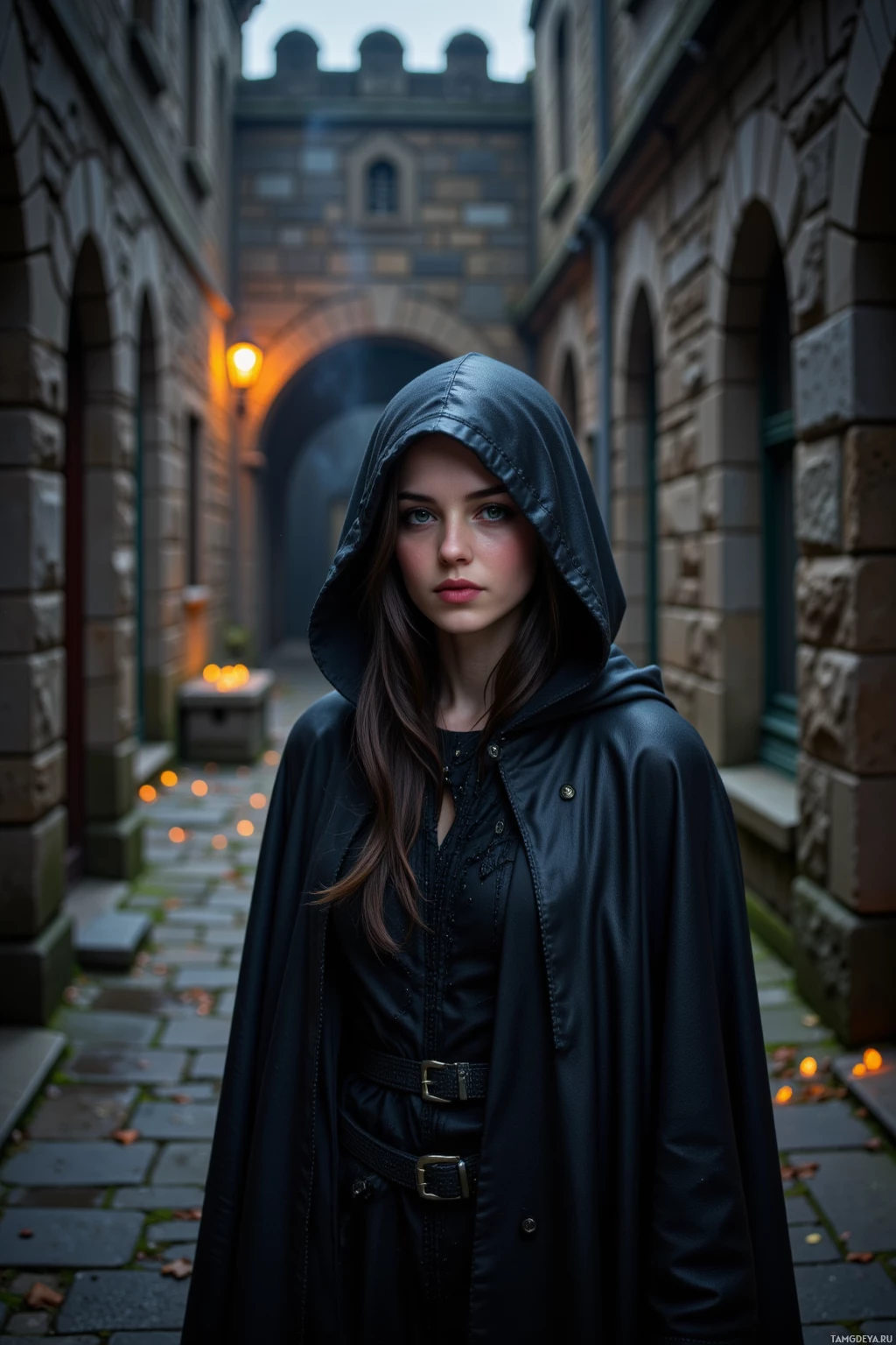 Realistic high quality photo. Nighttime alley with wet stone walls, a tall woman with dark hair and piercing green eyes, wearing a dark hooded cloak that blends into the shadows, silently moving through faint glowing embers, leaving no trace.