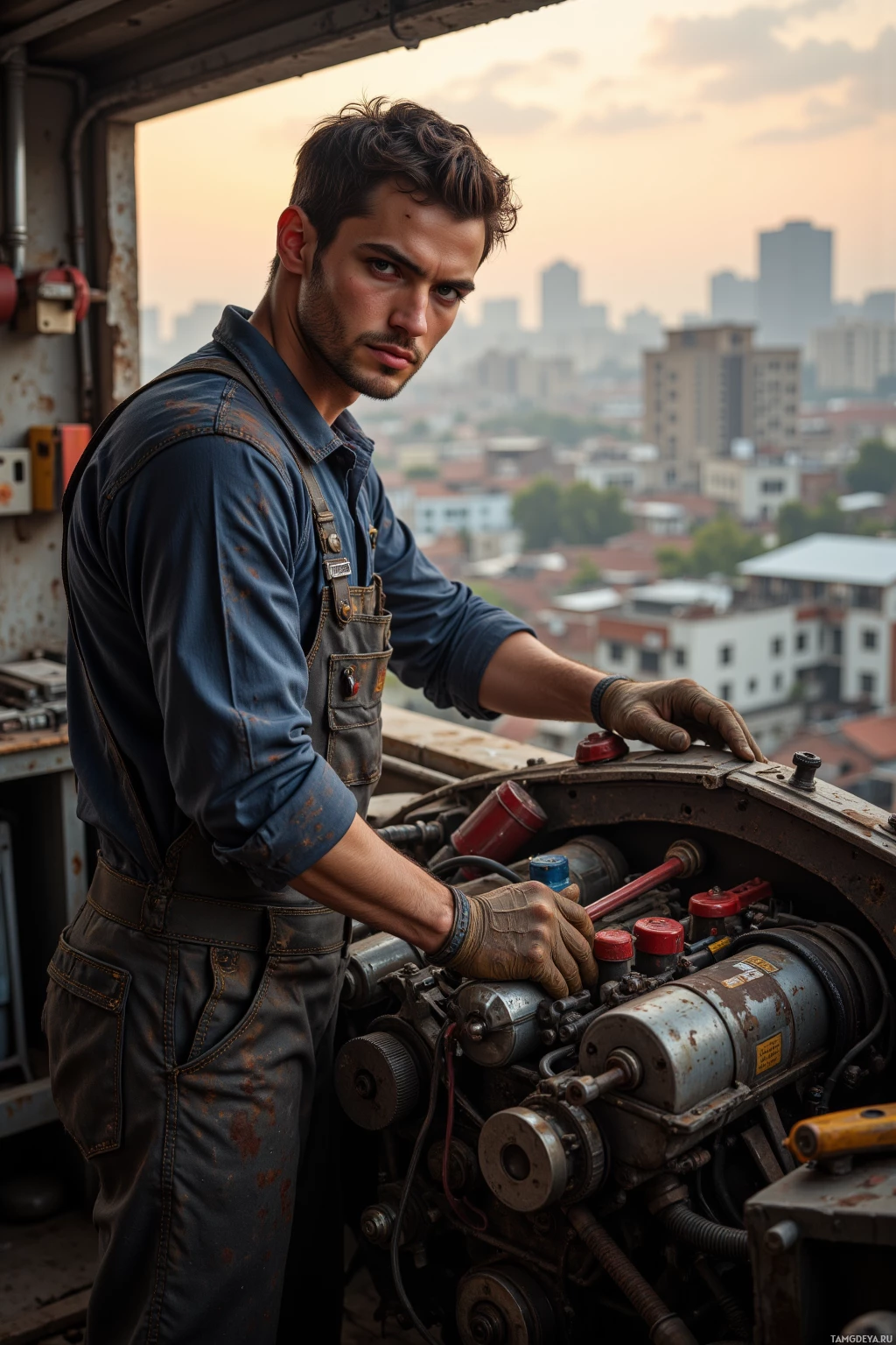 Realistic high quality photo. A 29‑year‑old male mechanic with short black hair, blue eyes, grease‑stained mechanic overalls, work gloves, standing on a garage balcony overlooking a city skyline at dawn, tightening a torque wrench on a car engine with a spanner beside him, surrounded by tools and metal parts.
