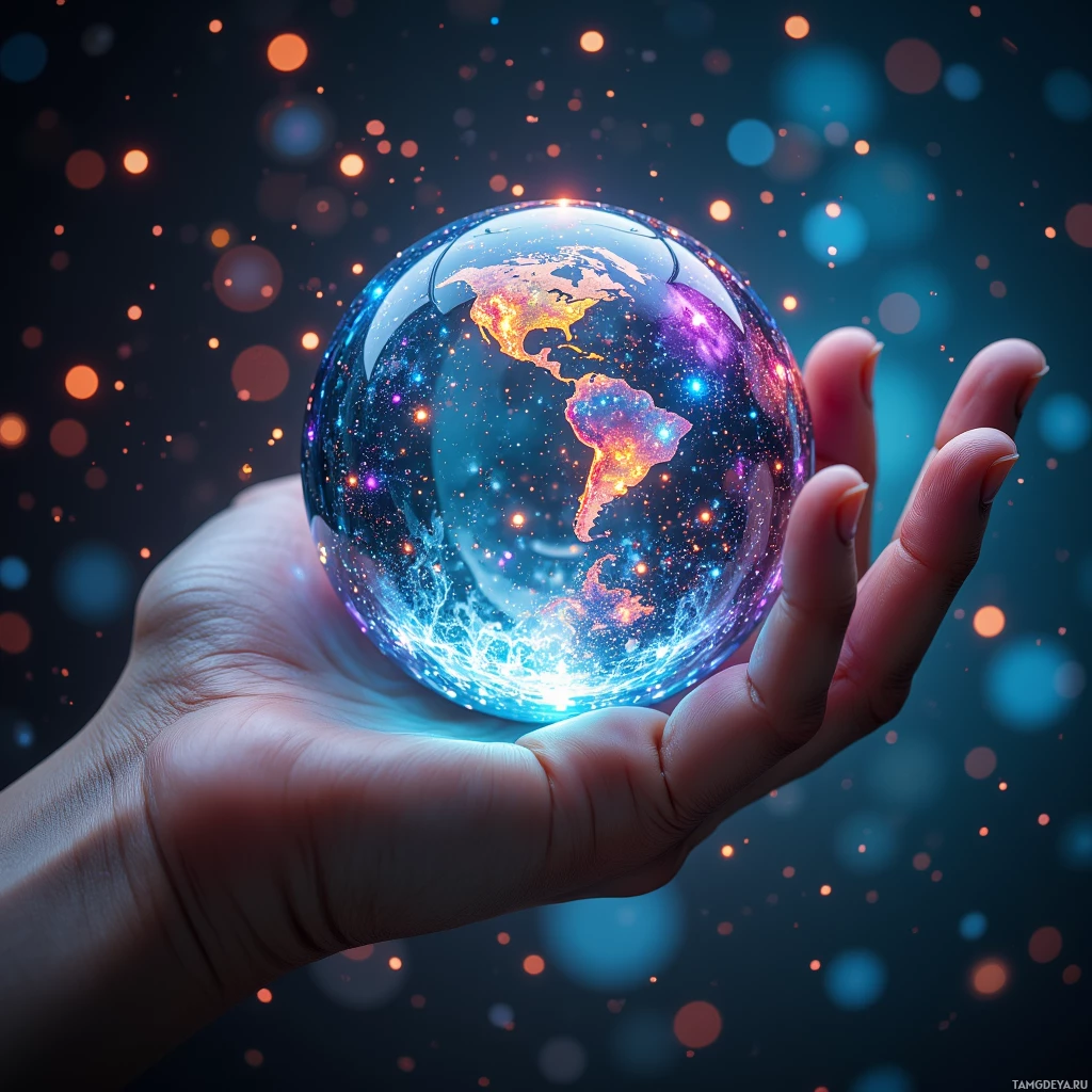 Semi-abstract image with many light, that is suitable for the post:  handheld crystal‑clear Verity Lens with a sleek titanium shell, almost weightless, featuring a translucent glass surface that ripples with color‑coded holographic analytics, resembling a miniature crystal ball projecting a real‑time map of truthfulness