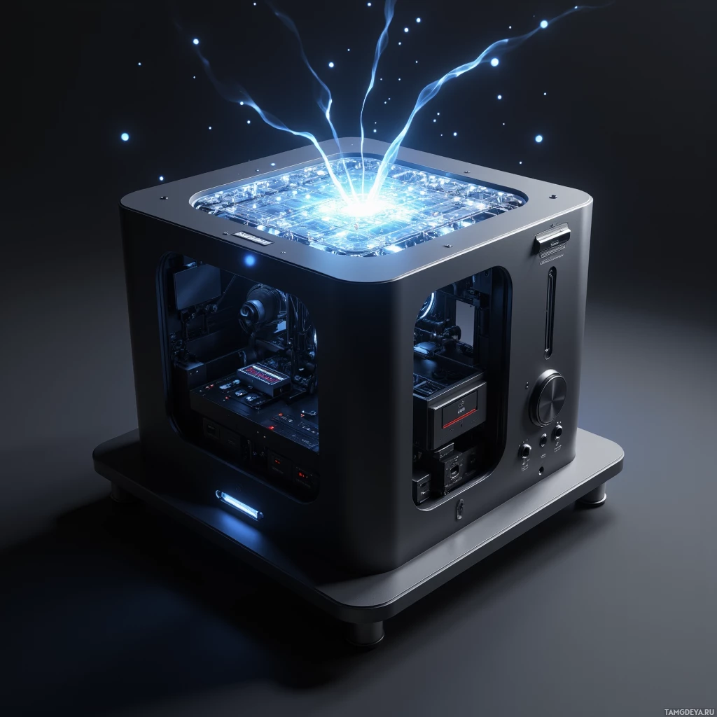 Semi-abstract image with many light, that is suitable for the post:  Compact matte‑black cube featuring a dynamic LED grid that flickers across its surface, exposed multi‑mic array and recessed miniDisc slot, topped with an integrated touch screen panel, all encased in sleek polished metal panels.