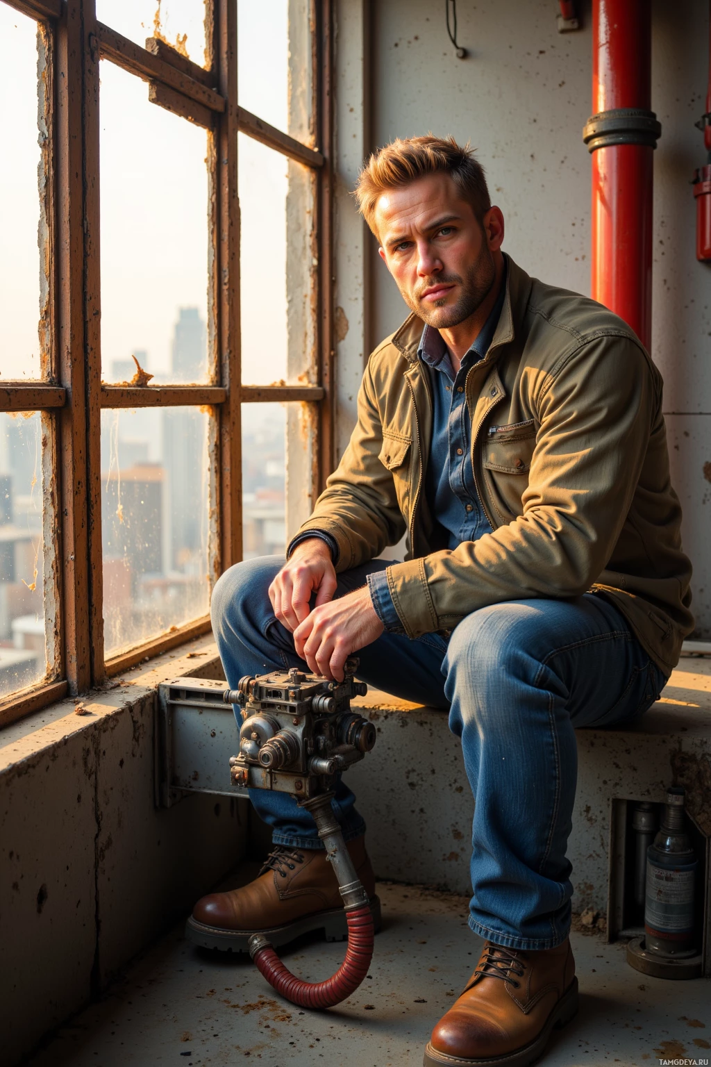 Realistic high quality photo. A stocky man with short blonde hair, blue eyes, fair skin, a strong jawline and prominent nose, wearing heavy‑duty work jacket, durable denim pants and steel‑toe boots, sits on the 12th floor of a concrete highrise tightening bolts and replacing seals at a welding unit while warm amber light pours through large windows overlooking city buildings.