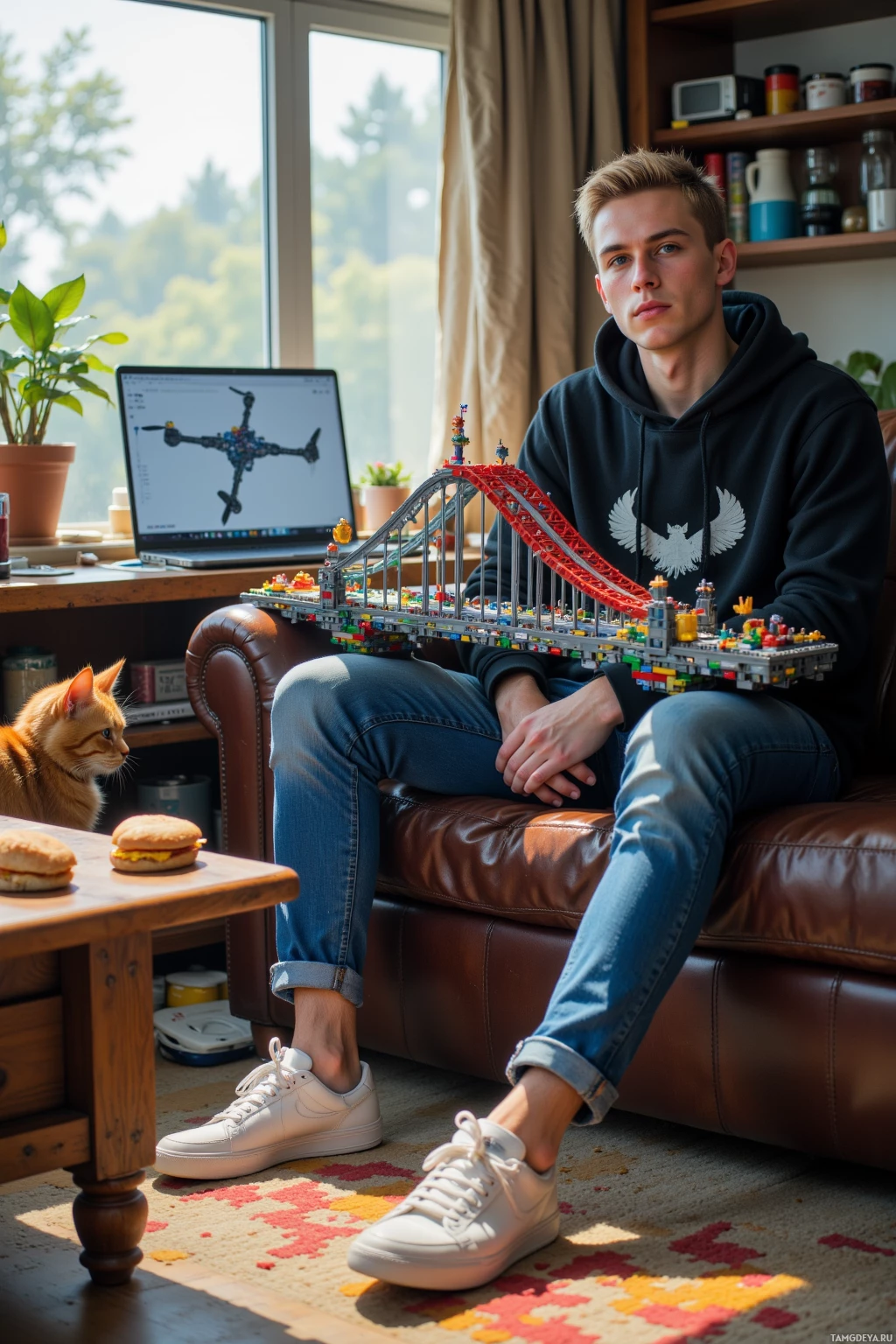 Realistic high quality photo. Male, 22, short blonde hair, bright blue eyes, angular face, wearing black hoodie with Lego print, jeans, white sneakers, sitting on sofa in a cluttered living room with a collapsed Lego bridge over a coffee table, a curious cat nearby, a laptop open to a drone blueprint, a half‑eaten sandwich on a chair, sunlight streaming in, midday.