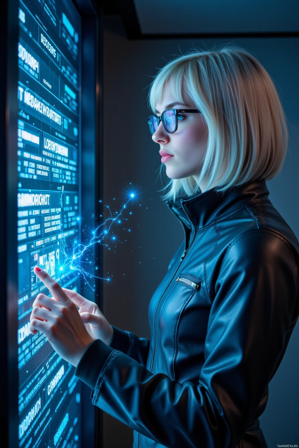 Realistic high quality photo. Dimly lit data center at night, slender woman with silver bob haircut, blue eyes, pale skin, wearing a futuristic metallic jacket and holographic glasses, manipulating holographic code streams that bloom like secret gardens.