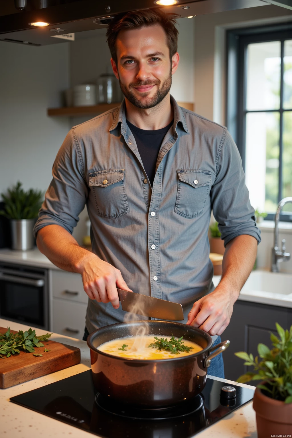 Realistic high quality photo. A 30‑year‑old man with short brown hair, beard, blue eyes, pale skin in a casual shirt and jeans stands in a modern kitchen, sharply cutting herbs beside a large copper pot simmering broth sweetened with smoked maple syrup, steam curling from an electric stove as he smiles confidently.