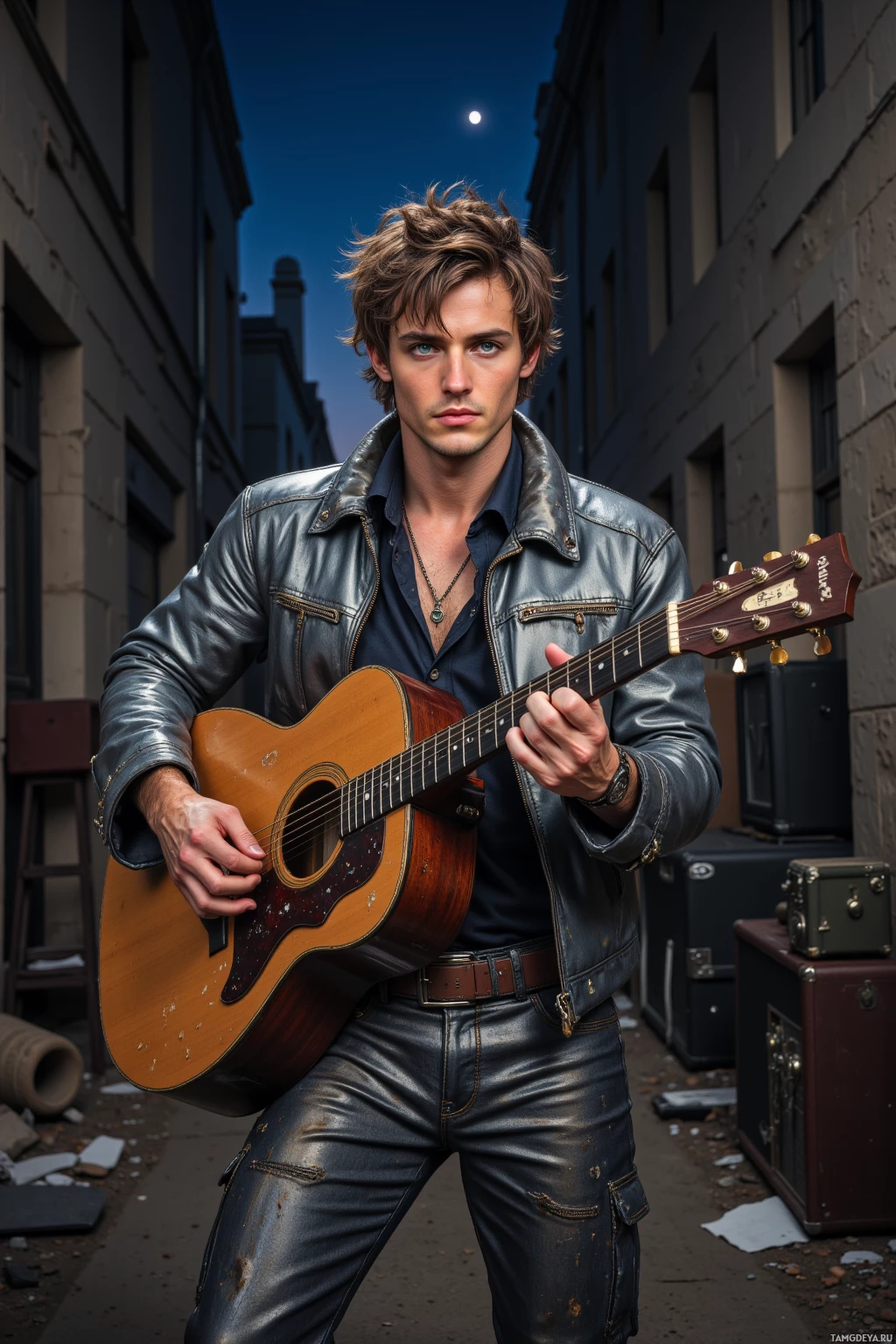 Realistic high quality photo. A 27‑year‑old man with tousled light brown hair, pale blue eyes, wearing a silver jacket over mesh shirts and metallic trousers, plays an acoustic guitar in a dim alley surrounded by abandoned amplifiers and twisted metal strings, while broken concrete ruins echo forgotten applause under a night sky.