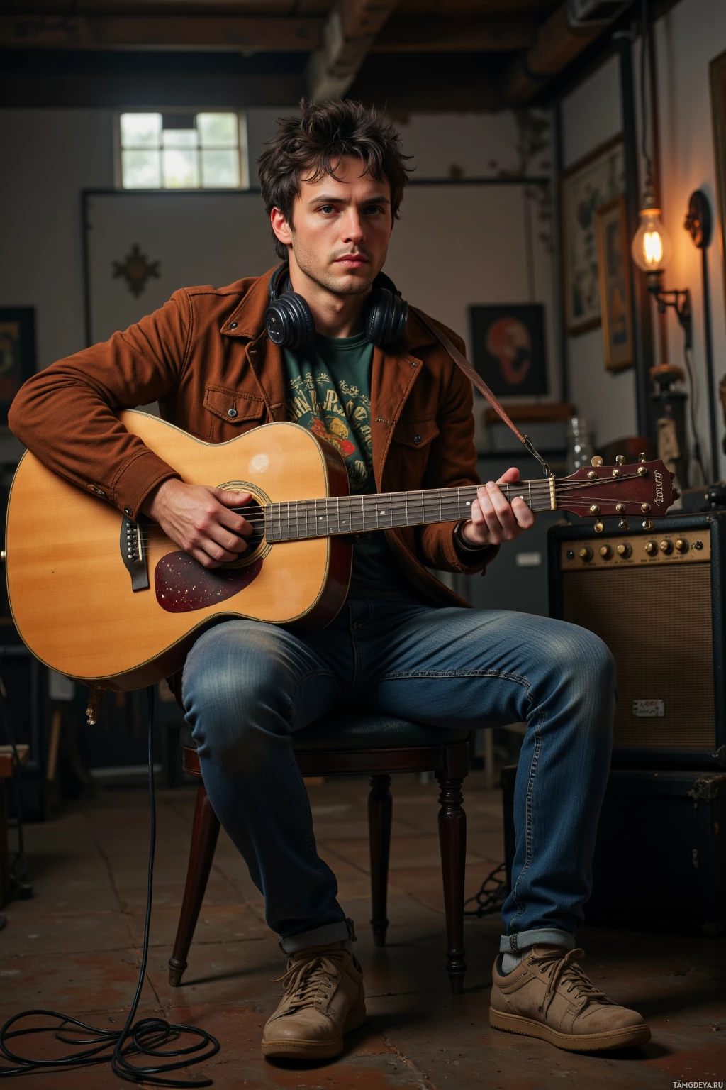 Realistic high quality photo. A 33‑year‑old man with tousled black hair, blue eyes, lightly tanned skin, wearing a vintage graphic T‑shirt under an open brown suede jacket, worn jeans, old canvas sneakers, and headphones around his neck, sits in a dimly lit basement with an old battered amplifier, guitar slung over his shoulder, coaxing silence into a melodic riff while sporting a sarcastic grin.