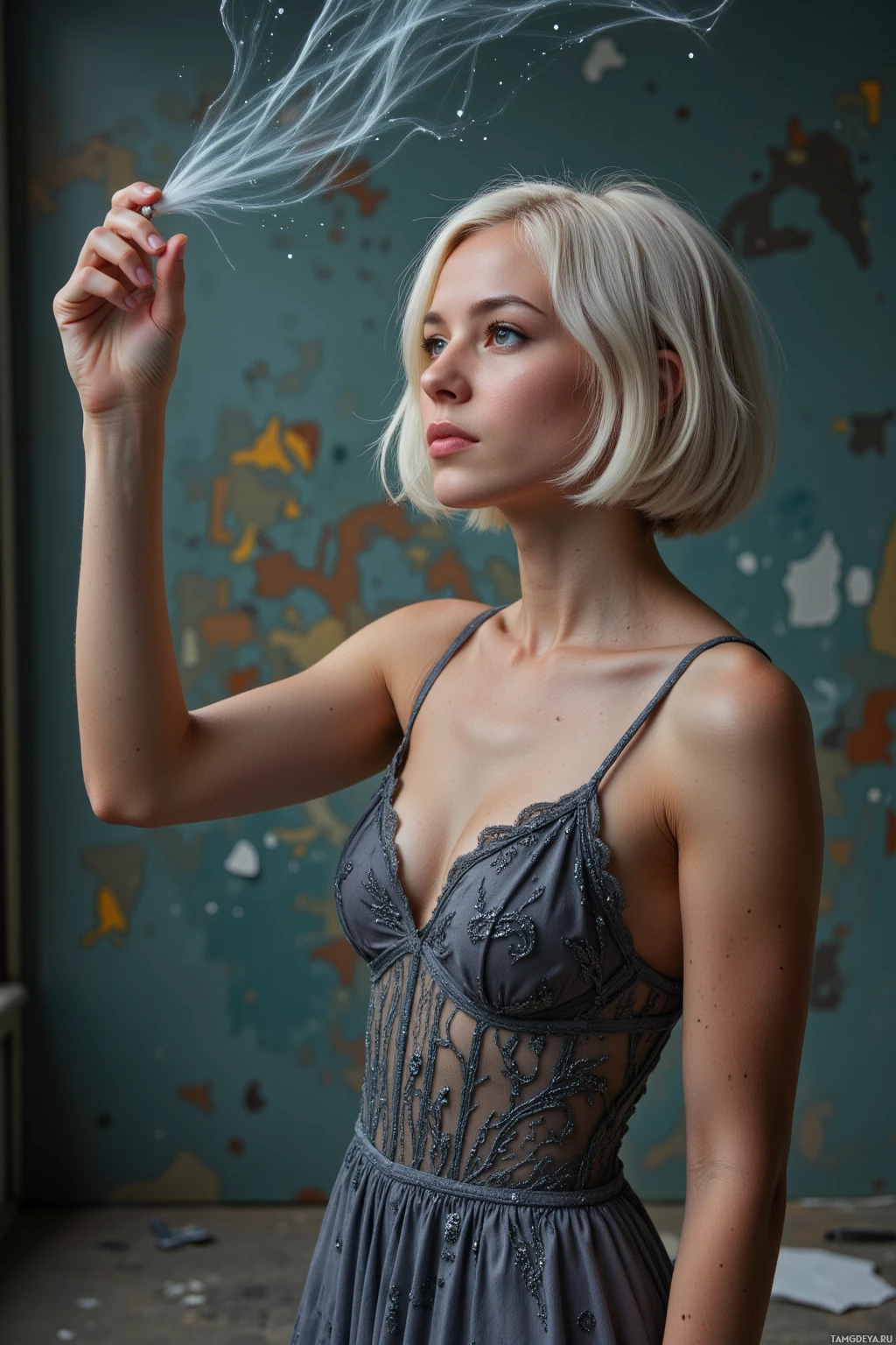 Realistic high quality photo. Woman, 24, white hair in a tousled bob, green eyes, pale skin, wearing a flowing lace dress in grey and silver, sketching ethereal chords in the air over a half‑finished mural in a dimly lit studio with dust motes and faint city hum, quiet sarcastic smile, atmosphere of experimental poetic silence.