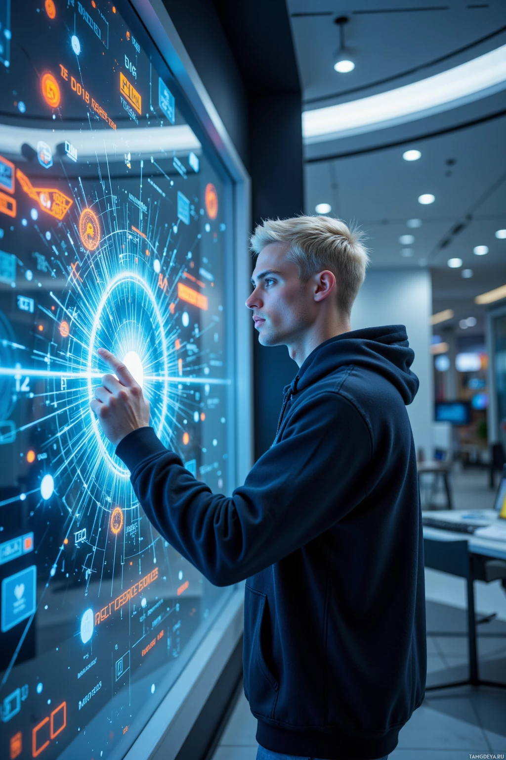 Realistic high quality photo. 28‑year‑old male, styled platinum blonde hair, blue eyes, white skin, sharp jawline, wearing a dark hoodie with crypto logos, standing in a sleek quantum computing command center at dawn, surrounded by floating holographic ledger nodes emitting translucent data streams as he maps patterns on a transparent interface.