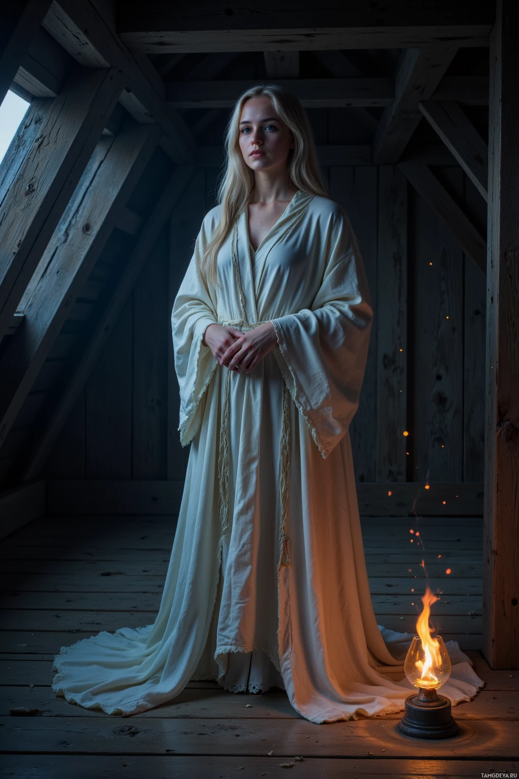 Realistic high quality photo. woman with long silver hair, soft blue eyes, pale skin, translucent robe, calm expression, standing in a dim attic at night with worn floorboards, a faint ember from a forgotten lantern casting gentle light near a window, leaving tiny glowing crumbs of thought beside the window, the scene bathed in quiet, ethereal night light