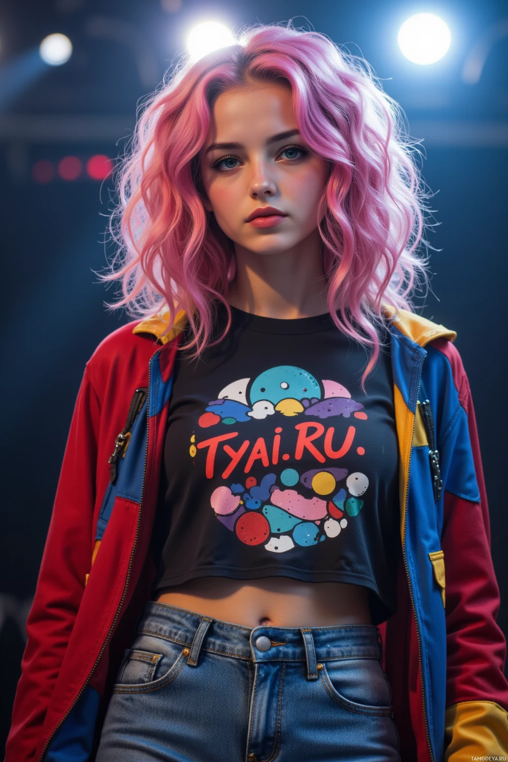 Realistic high quality photo. A 24‑year‑old woman with voluminous curly pink hair, bright blue eyes, pale skin, wearing a bold graphic tee under a colorful oversized jacket, high‑waisted jeans and statement sneakers, standing backstage at dusk in dim spotlights, a crimson cape draped over her shoulders, exuding confident rebellious energy.