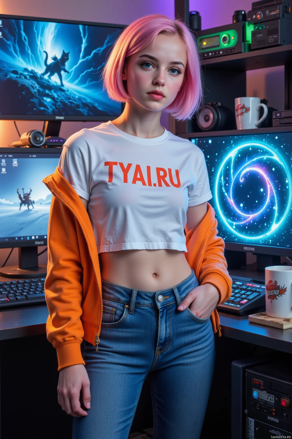 Realistic high quality photo. Female 22-year-old with pink bob hair, bright blue eyes, colorful t‑shirt tucked into high‑waisted jeans, sneakers, orange hoodie slung over shoulder, standing in a modern office cluttered with monitors and server rack as her cat moonwalks across the racks while holographic snowflakes swirl around a coffee mug turned fuel tank and a glowing debug console emits reset loops with her headset vibrating like a bass drum.