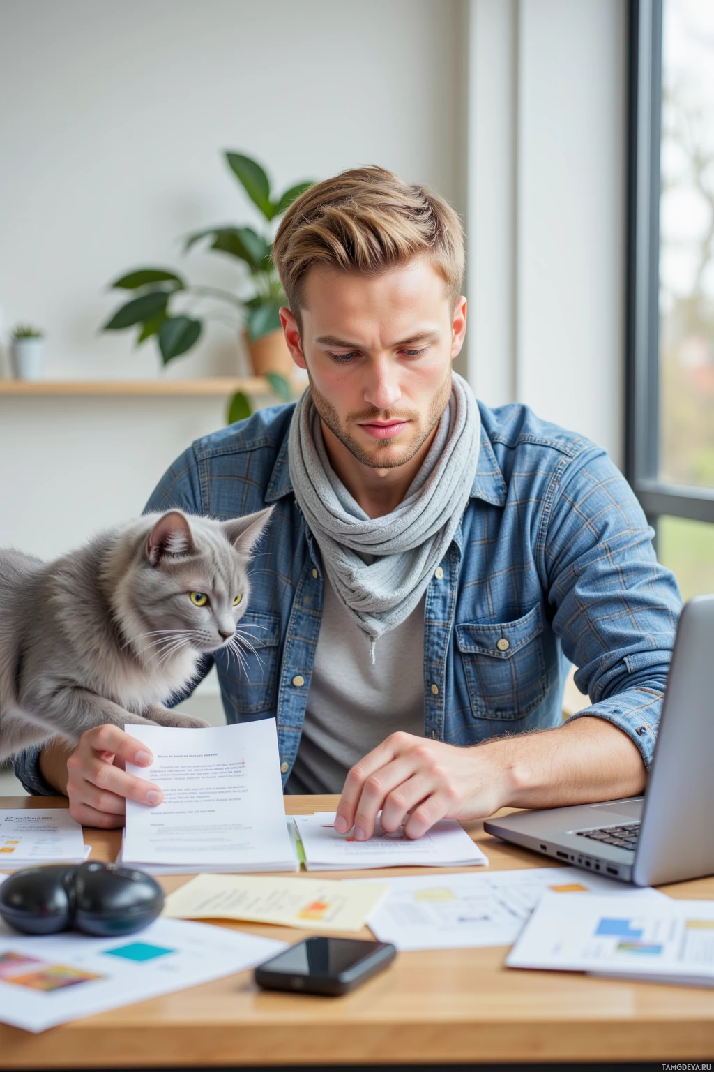 Realistic high quality photo. A 28‑year‑old man with short blonde hair, bright blue eyes, pale skin, wearing a checked casual shirt and a lightly striped scarf sits at a desk in a bright modern home office, meticulously sorting color‑coded email folders on his laptop while a gray cat leaps across the screen and deletes a stubborn PDF file.
