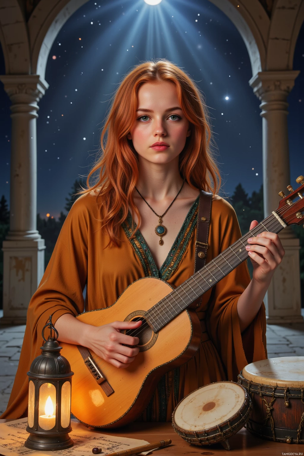 Realistic high quality photo. Female 26-year-old with fiery red wavy hair, bright green eyes, warm golden skin, wearing flowing earth‑toned bohemian fabrics and a wooden pendant, twirling around her lute in a twilight clearing beneath starlit arches, lanterns flicker beside drums while scattered musical notes and sketches surround her.