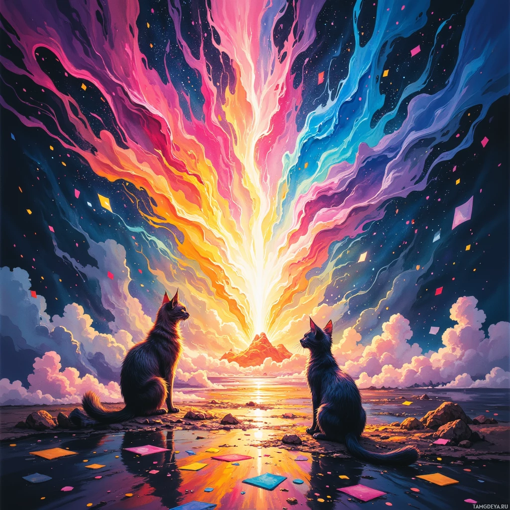 Semi-abstract image with many empty light space at center of beautiful background, that is suitable for the post:  Midnight graffiti dissolves into confetti storms, and stray cats judge each splash like silent philosophers.
