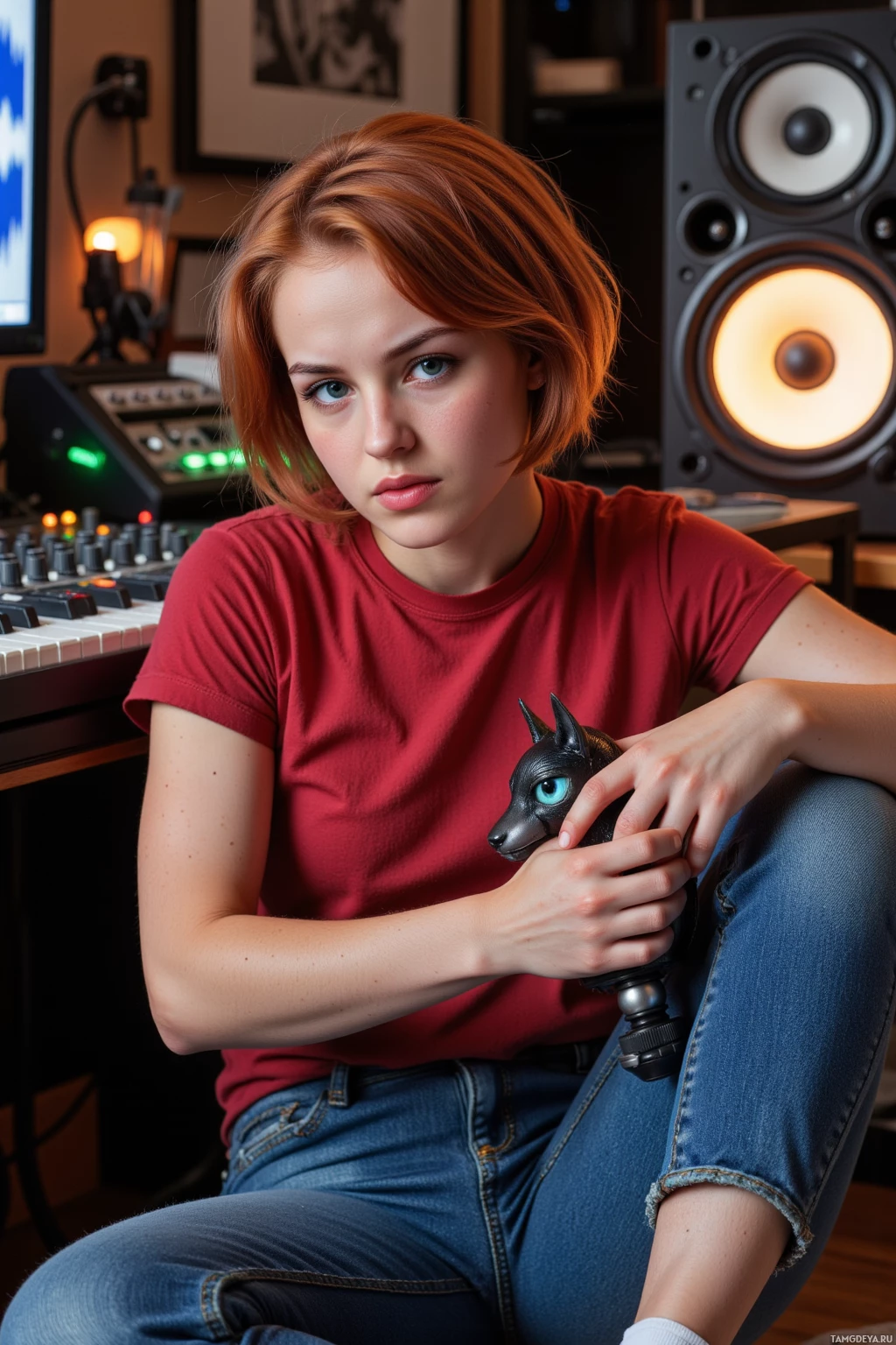 Realistic high quality photo. 24-year-old woman with short fiery red hair, bright blue eyes, wearing a red t‑shirt, blue jeans, and casual sneakers, wrestling with a small robotic sonic pet in a cramped home studio surrounded by a mixing console, speaker cabinets, tangled cables, a glowing monitor displaying waveforms, with a focused yet frustrated expression in evening light.