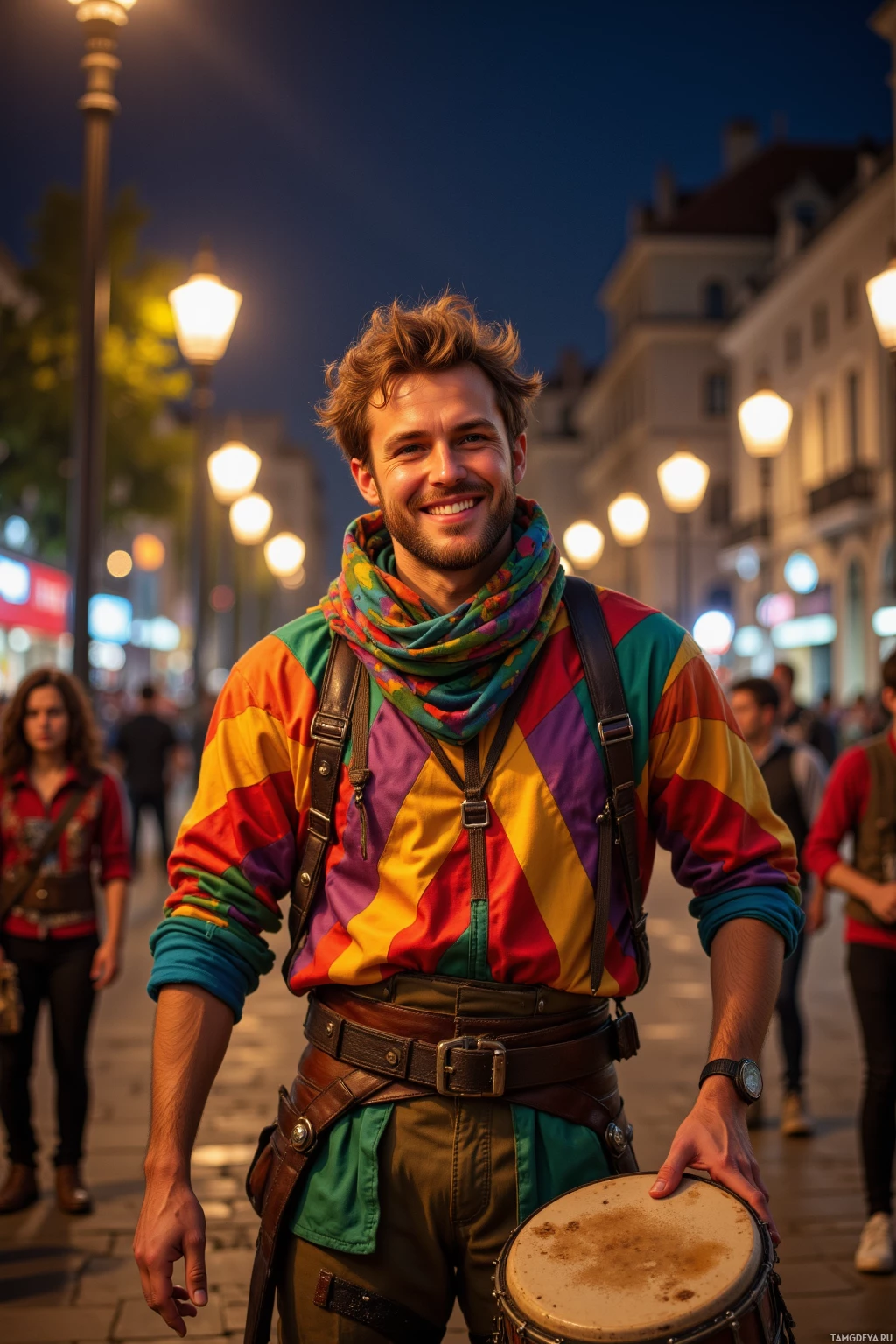Realistic high quality photo. Midnight plaza scene with street performers drumming under warm streetlamp glow, a 28‑year‑old man with bright brown hair and blue eyes in a vivid multicolored geometric costume, scarf wrapped like a banner around his neck, smiling playfully while challenging laughing children to a quick rhyme duel.