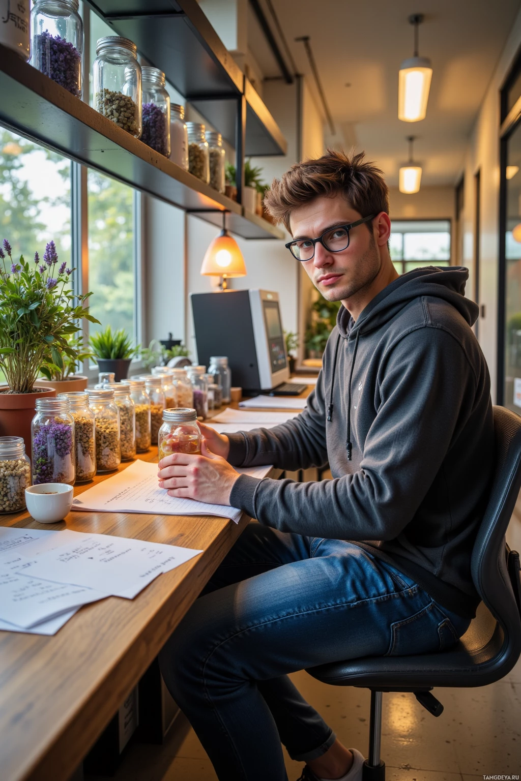 Realistic high quality photo. A calm 29‑year‑old man with messy brown hair, glasses and bright blue eyes wearing a grey hoodie, jeans and sneakers sits at a sterile laboratory bench surrounded by a shelf of glass jars of dried lavender, an incubator humming softly, herbology notes fluttering on the desk, all bathed in warm hallway light that echoes the subtle glow of the jar as he carefully measures a new tincture balancing science with ancient herbal tradition.
