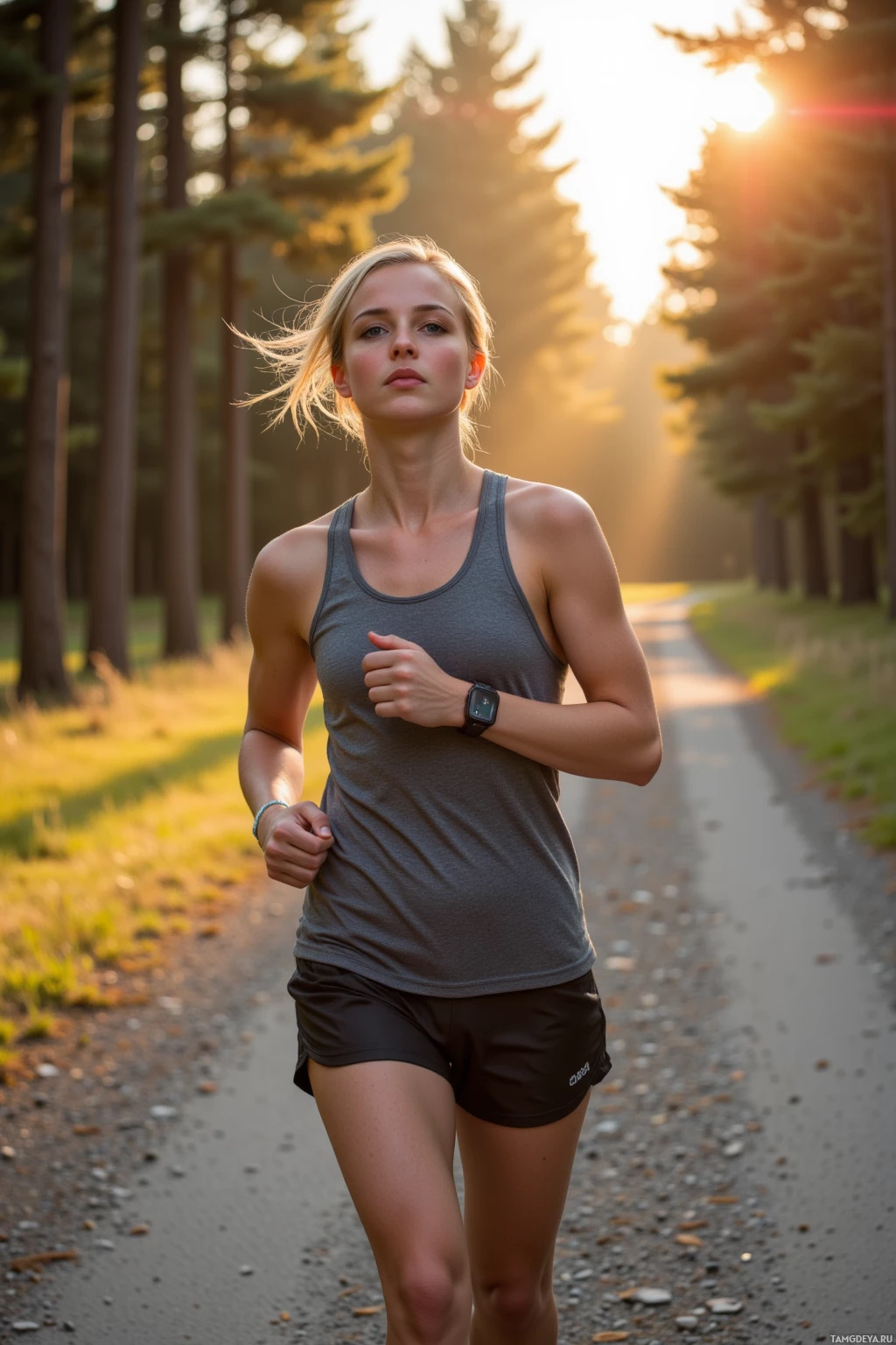 Realistic high quality photo. A fit young woman with short blonde hair and bright blue eyes in a breathable tank top and running shorts, mid‑run on a gravel pine trail at sunrise, sneakers squeaking, wind fluttering her hair, a smartwatch glowing on her wrist, under a soft golden dawn light.