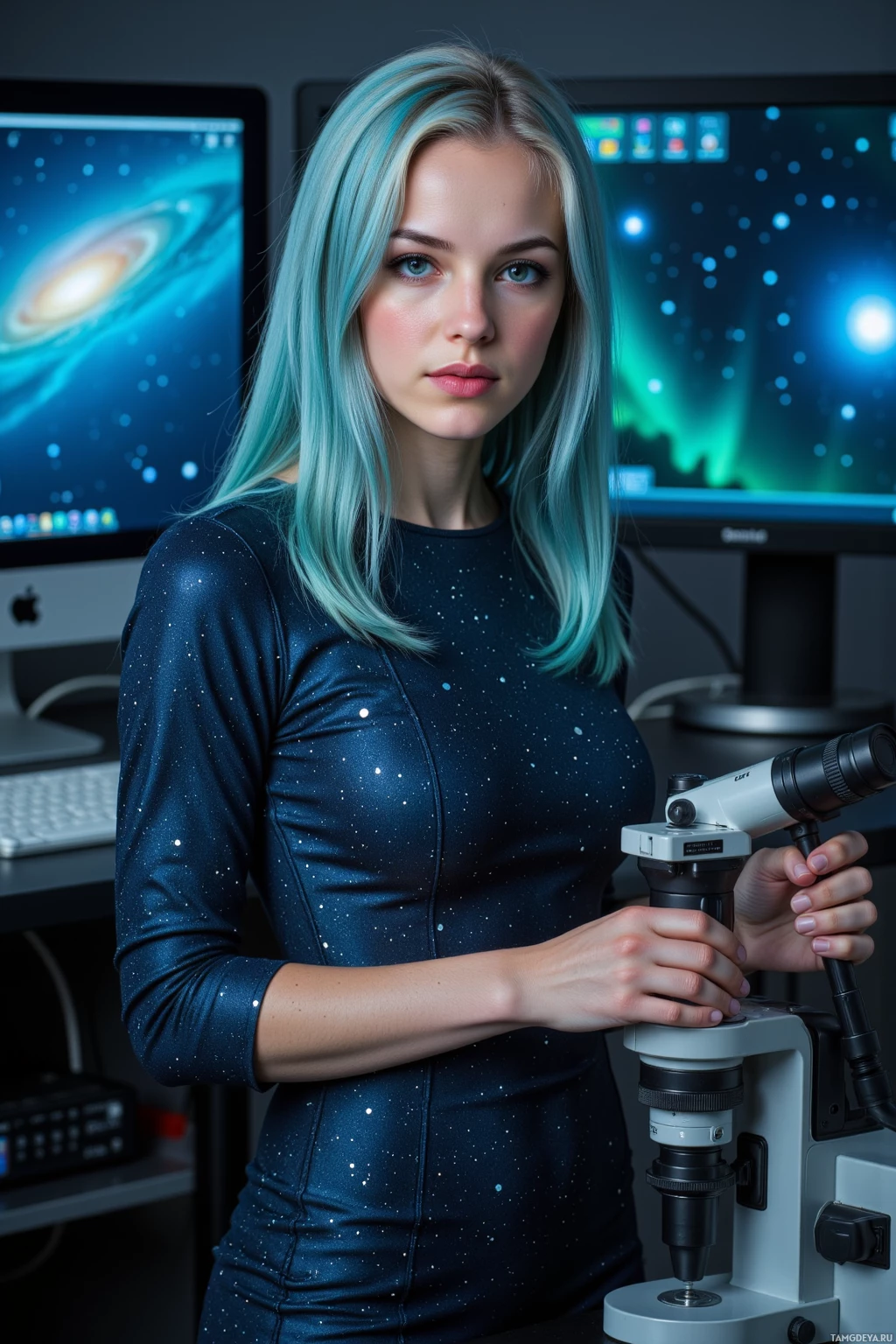 Realistic high quality photo. Woman astrophysicist, 27, silver‑blue straight hair, vivid green eyes, pale glowing skin in a shimmering star‑adorned dress, adjusting a spectrograph on a night‑time lab bench while faint aurora‑like light reflects from monitors displaying pulsar data.