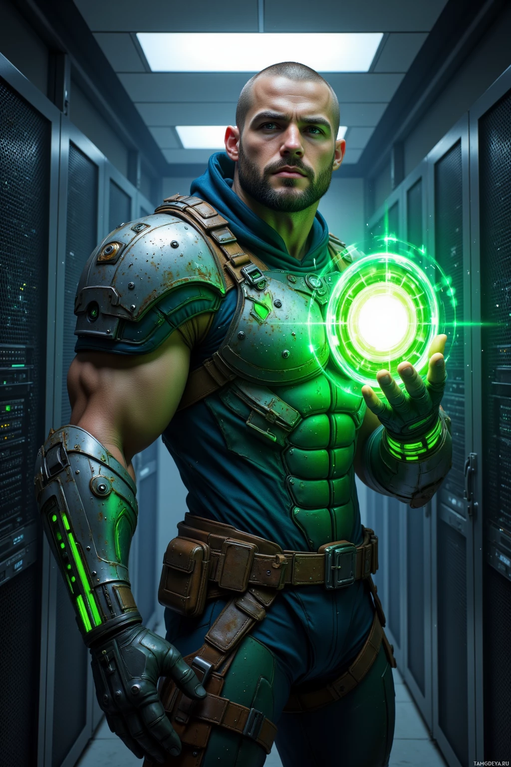 Realistic high quality photo. A muscular 35‑year‑old man with a light brown buzzcut and blue eyes, wearing tactical mesh armor revealing green‑veined forearms, stands in a dimly lit server room, unleashing precise strikes and a burst of digital code from his wrist to forge a glowing shield hologram that turns server racks into a fortified battlement.