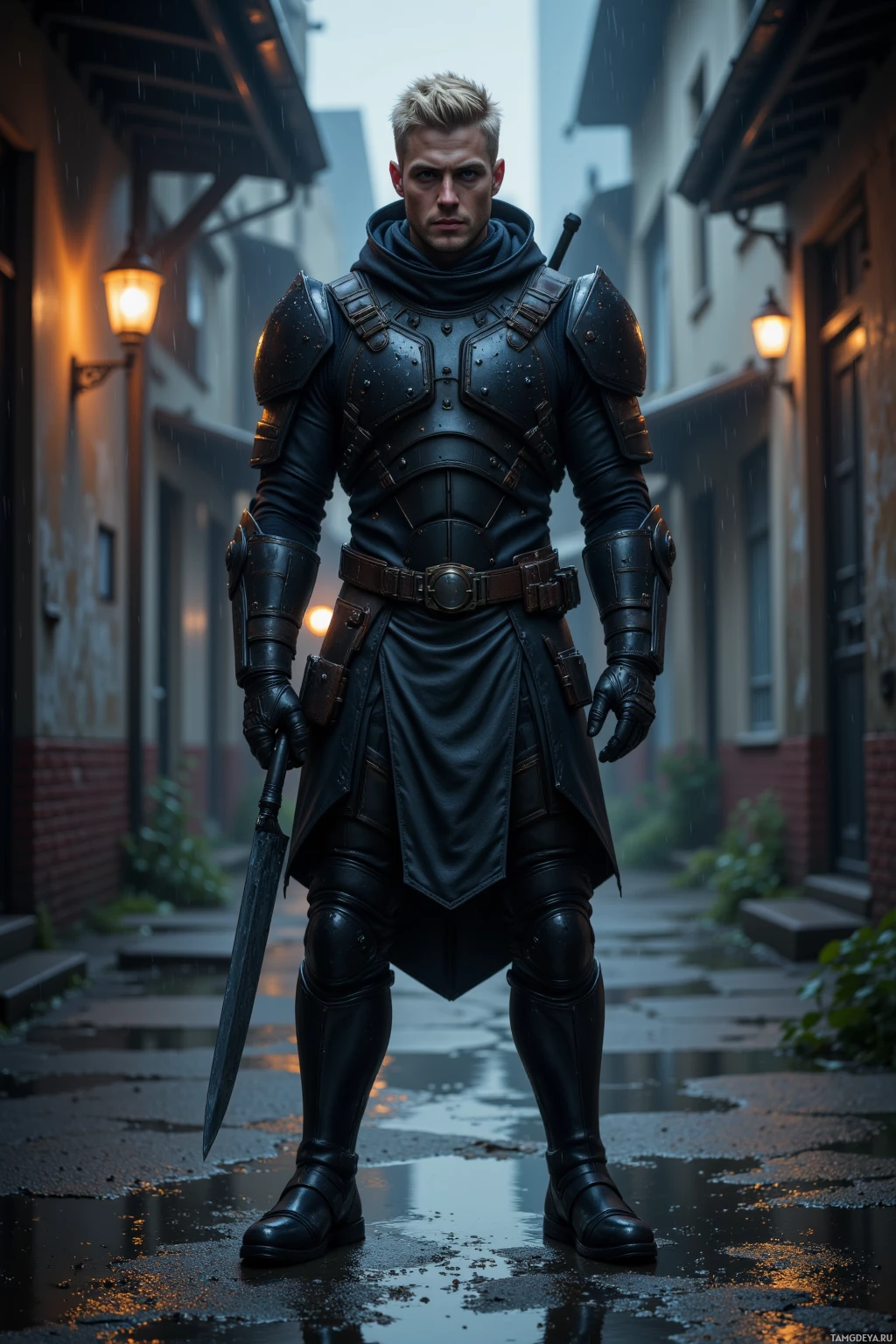 Realistic high quality photo. A tall 38‑year‑old man with short blonde hair, intense blue eyes, fair skin and a sharp angular face, wearing sleek black tactical armor with matte textures, stands in a rain‑slick abandoned alley at midnight, puddles reflecting his focused expression as he holds a gleaming chef’s knife, embodying silent precision and mystery.