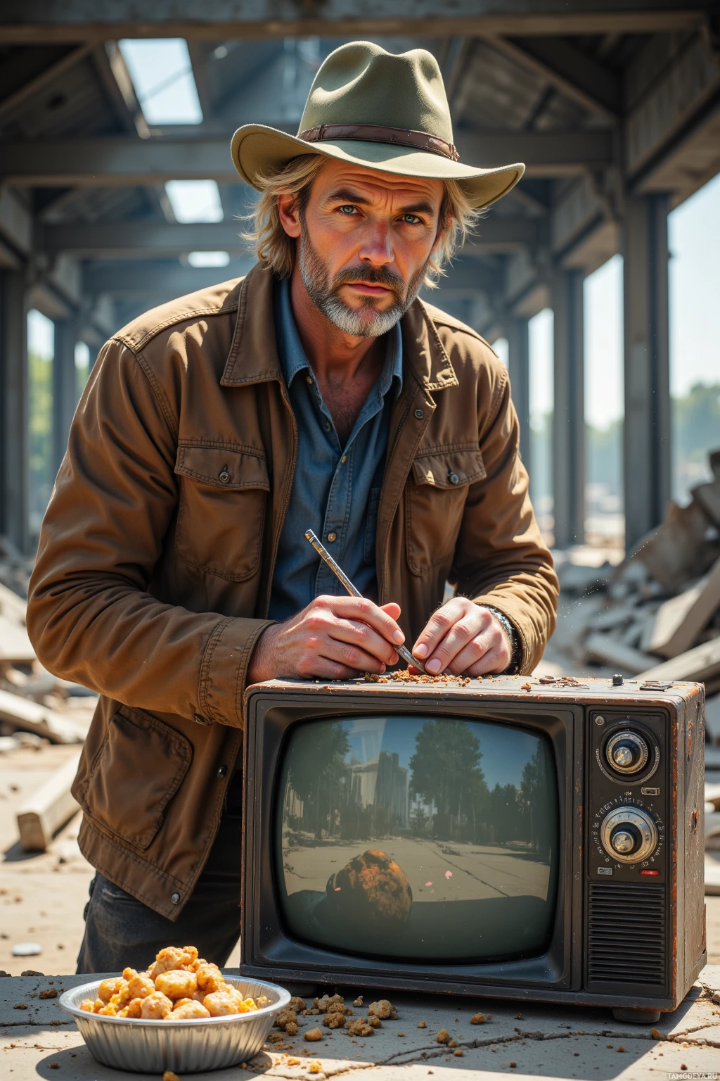 Realistic high quality photo. 45‑year‑old rugged man with unkempt blonde hair, piercing blue eyes, wearing a faded green hat and a well‑worn brown jacket with pockets, stands amid the rubble of an abandoned mall, soldering salvaged wires onto a broken TV to build a solar‑powered radio antenna, a tin tin with a day‑old meal on cracked concrete, dust swirling in afternoon light, faint static visible as invisible waves radiating from the makeshift device, pragmatic determination etched on his face.