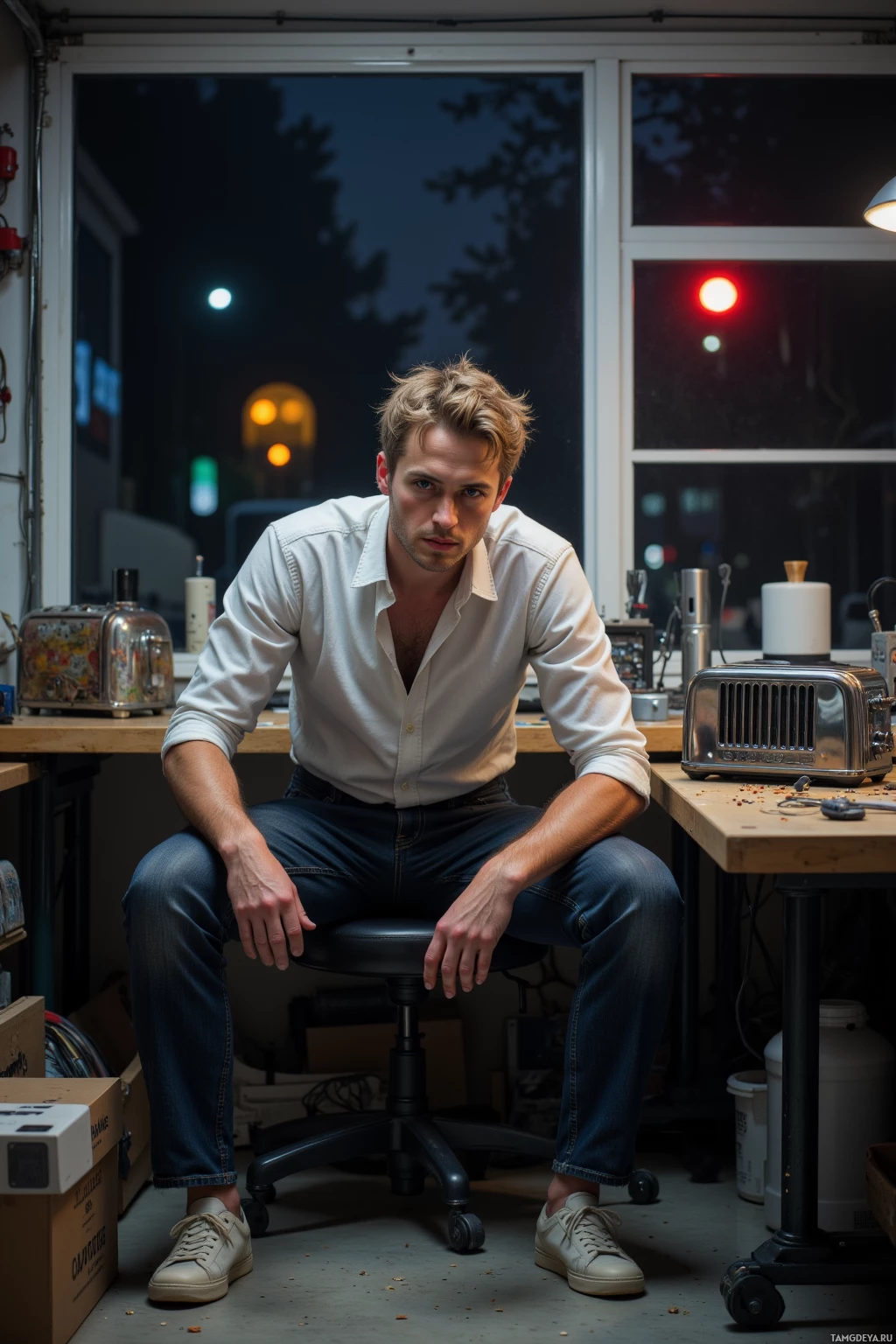 Realistic high quality photo. A restless 24‑year‑old man with short tousled blonde hair and blue eyes, wearing an untucked crisp white shirt over dark slim jeans and white sneakers, hunched at a cluttered workbench in a dimly lit home garage surrounded by a burnt toaster, prototype circuitry, tangled wires, and glowing blinking traffic lights visible through the window late at night.