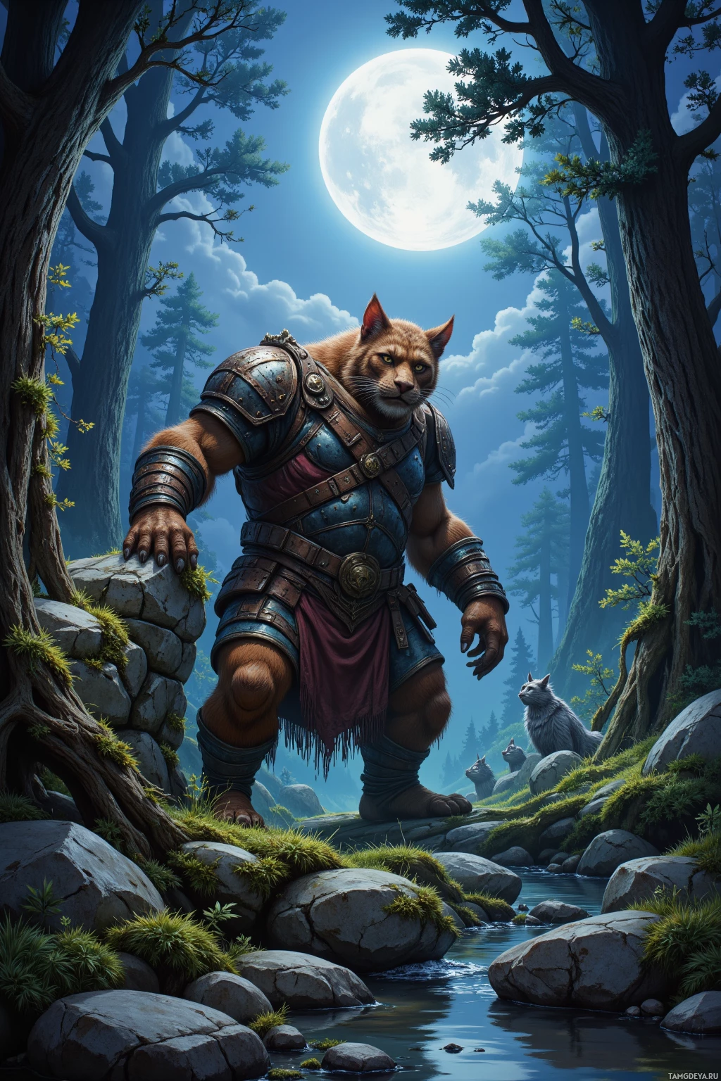 Realistic high quality photo. Moonlit forest glade at night with mossy ground and silver‑blooded sprites darting between roots, towering brown‑furred male guardian in rugged leather armor with bandolier and wooden shield quietly stalking the edge, one paw lifting a bright leaf while his stoic hide cracks into a brief grin as he brushes bark of an ancient stone beside a gently flowing brook.