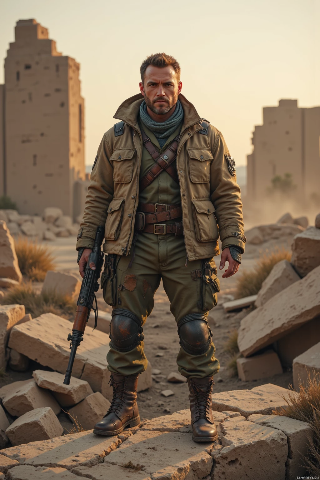 Realistic high quality photo. Male guardian 33 years old with short light brown hair, green eyes, olive-toned rugged face, wearing weathered jacket, cargo pants, sturdy boots; standing on cracked concrete ruins in dusty wasteland at dusk, holding a rusted compass and half-used shotgun while watching over children to keep raiders away.