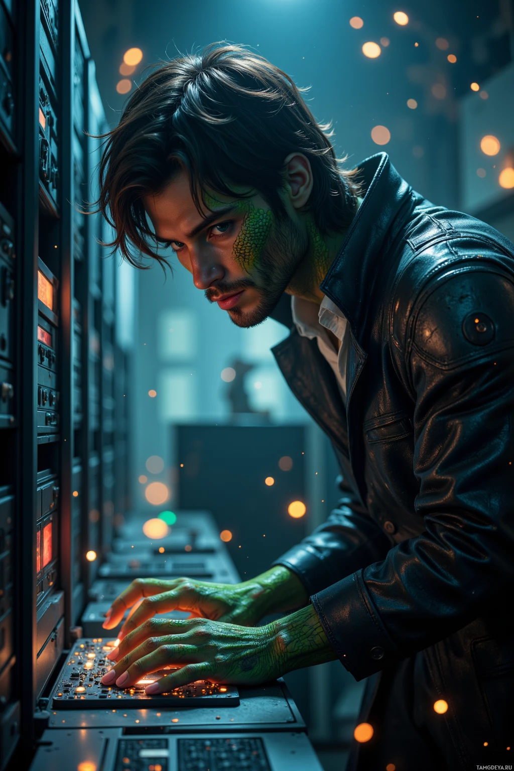 Realistic high quality photo. Male, 38, messy dark hair, piercing blue eyes, greenish reptilian skin, wearing a white shirt under an armored trench coat, leaning over a humming server chassis in a dimly lit sci‑fi laboratory, palm pressed to the metal, a subtle fox‑tail silhouette peeking from a quiet corner as electric sparks dance, methodical yet impulsive posture, machinery clicking softly.