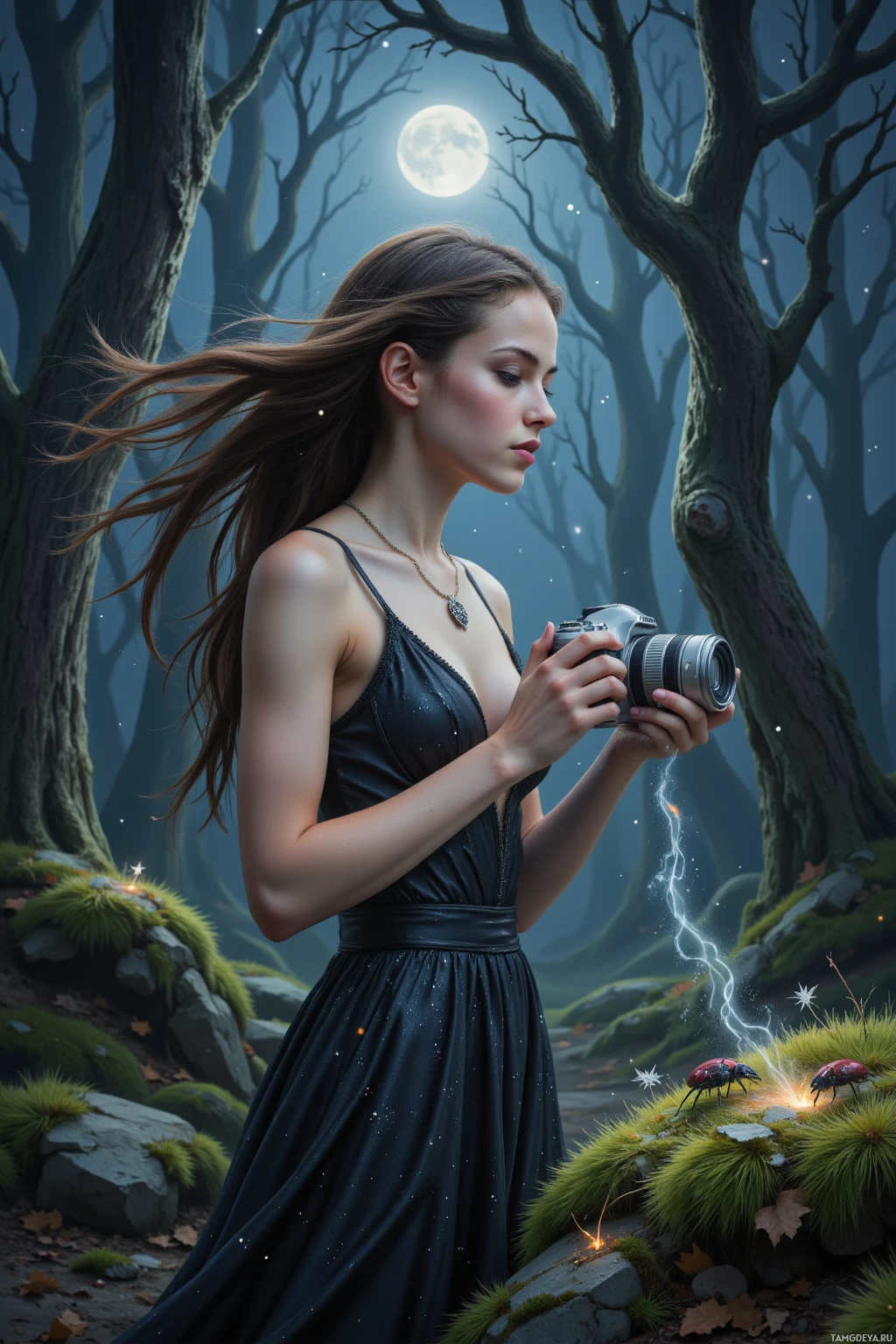 Realistic high quality photo. A woman with flowing dark hair and pale skin, wearing a shimmering long black dress and a silver necklace of insect charms, stands in a moonlit forest clearing holding a camera lens focused on beetles crawling across dust‑laden moss, stars glittering above, mist curling among ancient trees.
