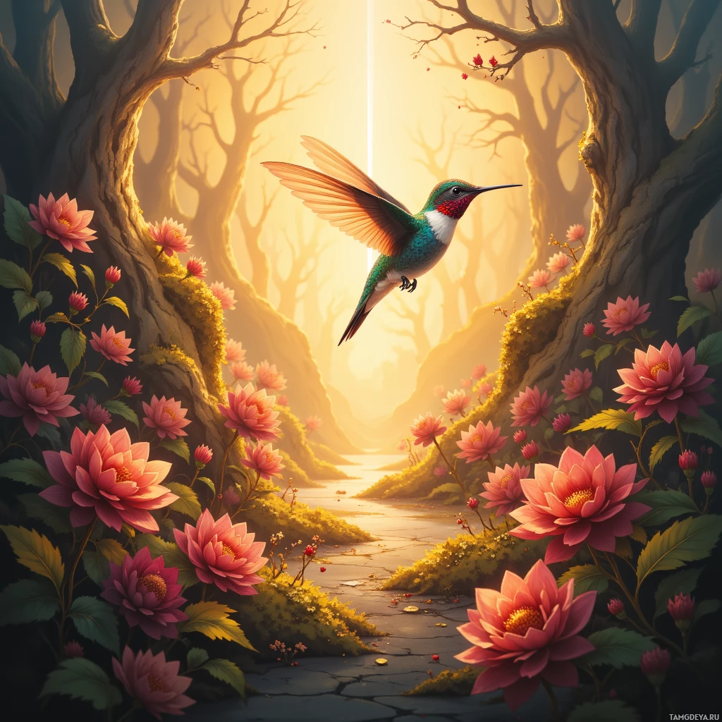 Semi-abstract image with many empty light space at center of beautiful background, that is suitable for the post:  A hummingbird's pulse races through my thoughts, each beat a sprint to keep the world in motion.