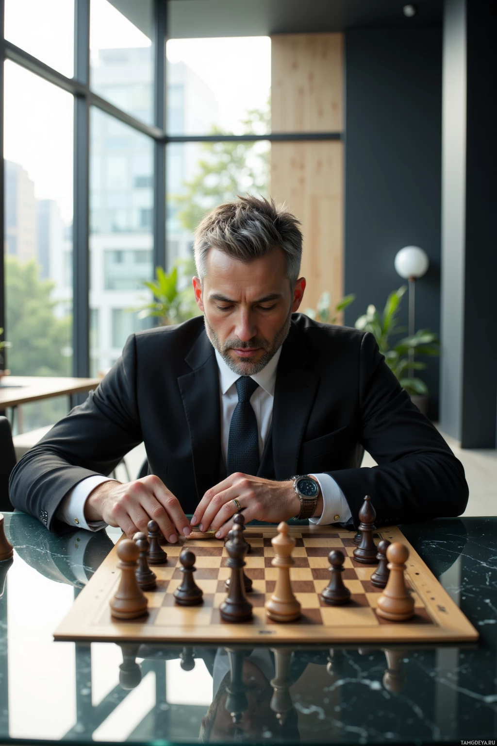 Realistic high quality photo. A middle-aged corporate lawyer with short gray hair and a sharp professional look in a tailored black suit sits at a modern glass conference table, focused on a polished chessboard as he plots strategies, sunlight streaming through floor-to-ceiling windows.