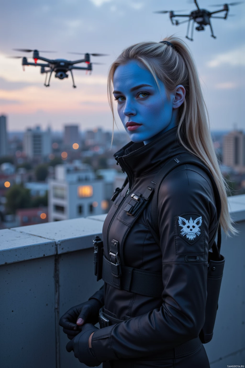 Realistic high quality photo. Blue‑skinned woman with yellow eyes, sleek blonde ponytail, dark tactical outfit and slim black bag stands on a rooftop balcony at dusk, directing silent drones humming overhead.