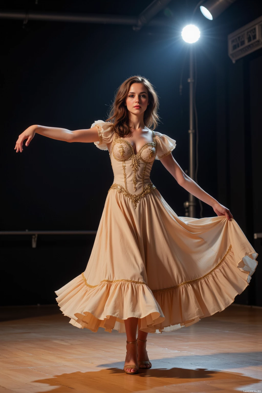 Realistic high quality photo. A 27‑year‑old woman with wavy dark brown hair, warm golden brown skin, wearing a flowing vintage‑inspired ballroom gown pirouettes on a polished dance studio floor under a spotlight, dramatic silence highlighted by subtle lighting.