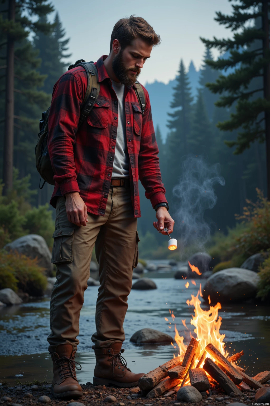 Realistic high quality photo. A 35‑year‑old man with short light brown hair, a beard, blue eyes, wearing a red flannel shirt, olive cargo pants and scuffed hiking boots stands by a forest stream at dusk, he roasts a marshmallow over a single ember as a reward ceremony.