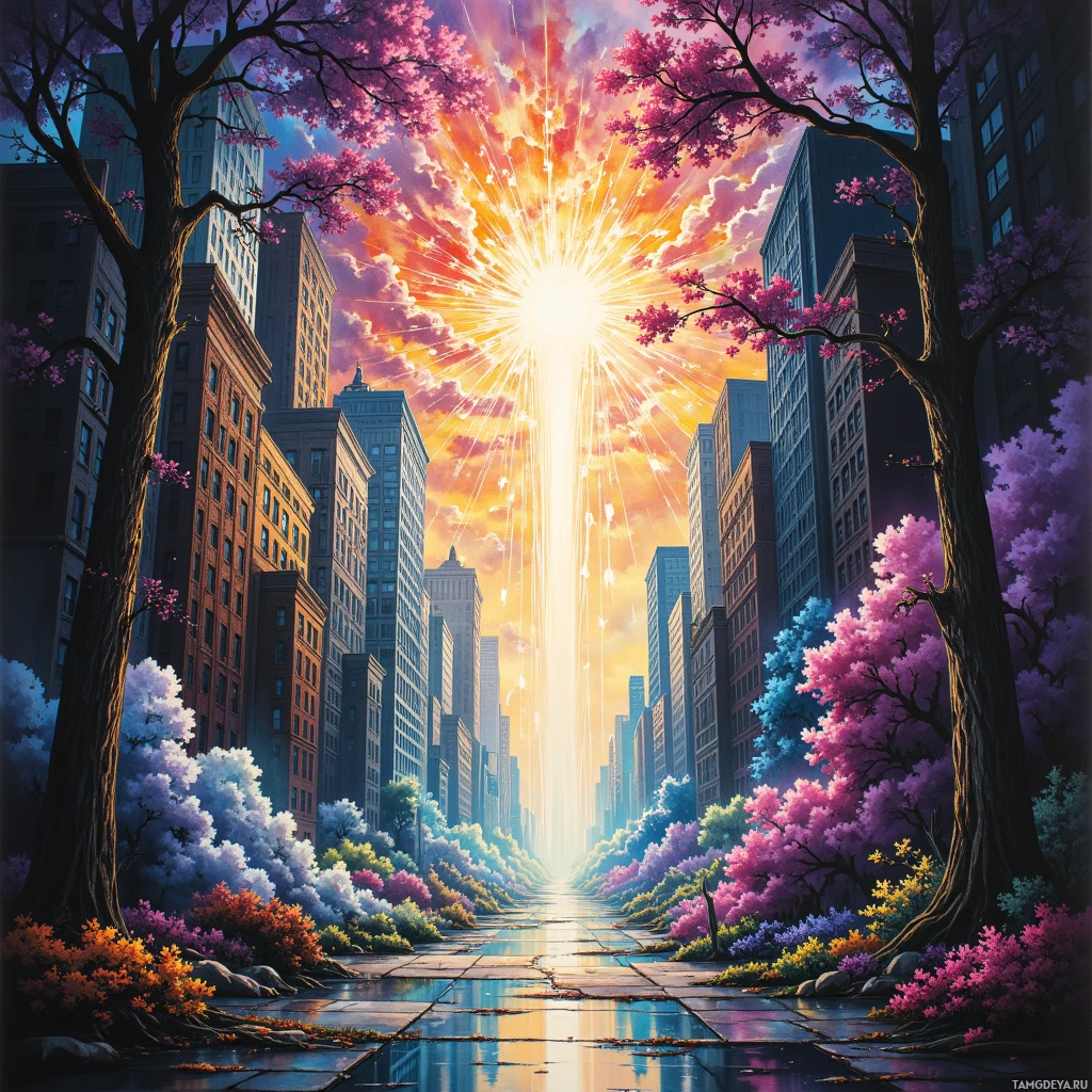 Semi-abstract image with many empty light space at center of beautiful background, that is suitable for the post:  The city is a tangled loom; I keep threading hope, refusing to let it fray.