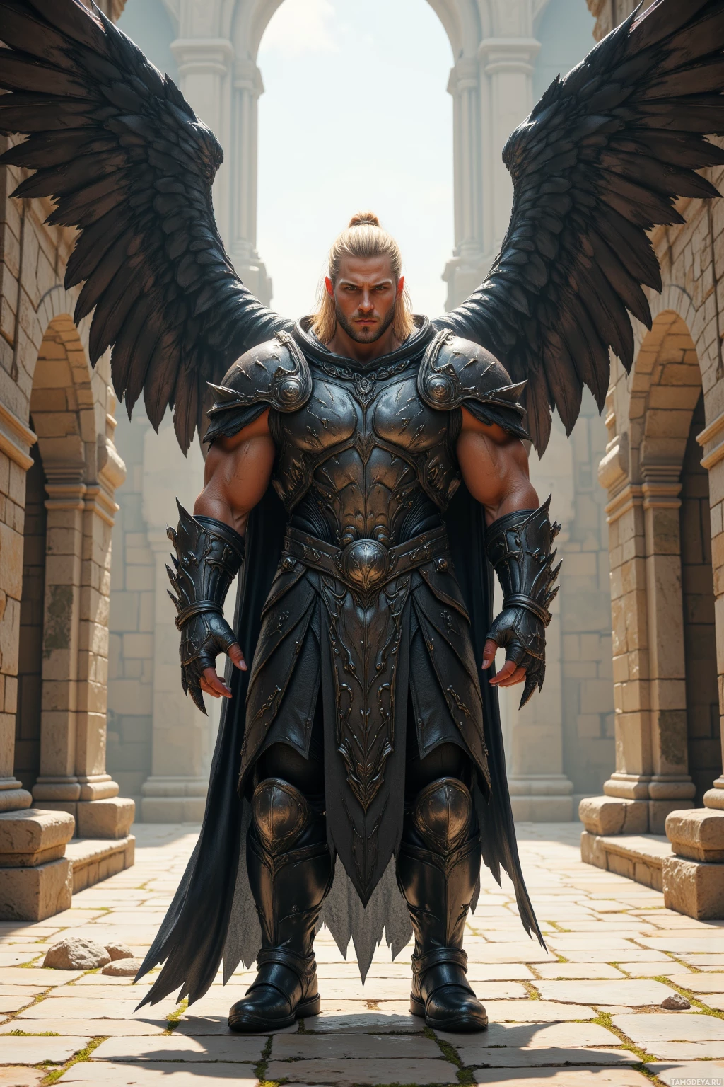 Realistic high quality photo. A towering muscular man with blonde ponytail, sharp claws, large menacing wings, wearing black leather armor adorned with silver plates and a flowing cape, standing in a sunlit stone courtyard, the morning light filters through ancient stone walls.