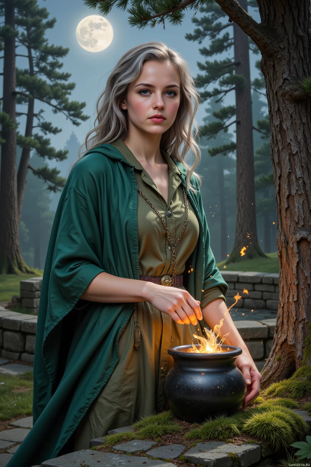 Realistic high quality photo. Female alchemist, 47, curly gray hair, green eyes, wearing a flowing moss‑green cloak over earth‑toned linen, standing under moonlit silver pine trees beside a stone circle and an ancient oak with heartwood, holding a bubbling cauldron containing a reluctant salamander while tucking a stag's torn hide into a mossy hollow.