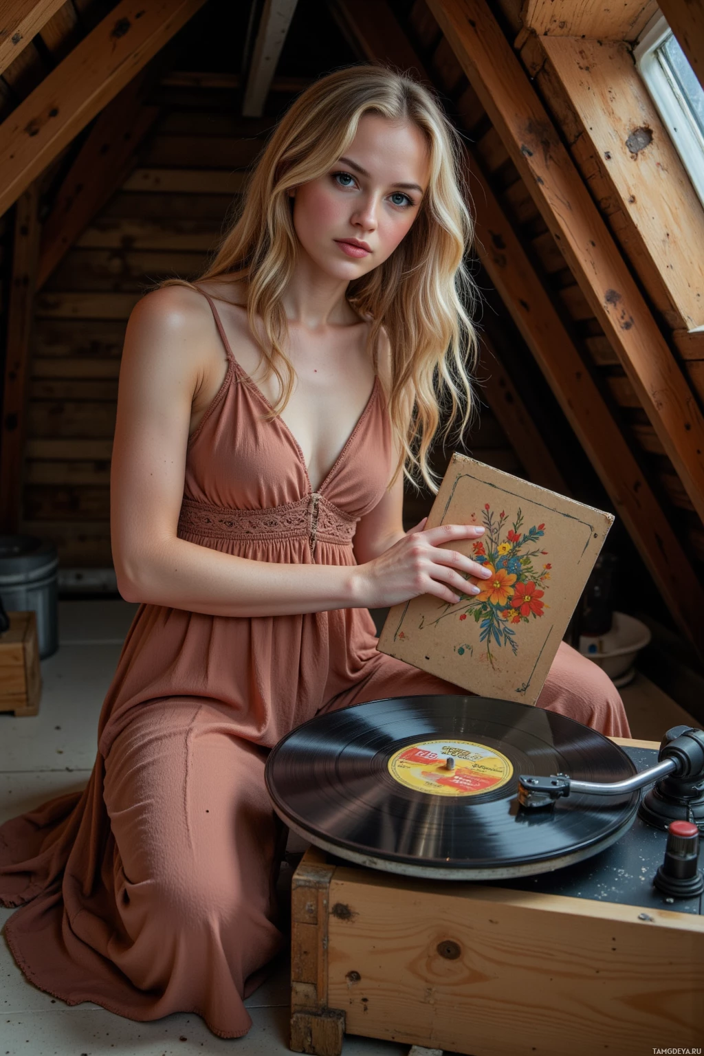 Realistic high quality photo. Woman, 38, long curly blonde hair, blue eyes, wearing a flowy sundress in earthy tones, gently lifting a sleeve of a 70s folk vinyl record from a cedar-scented crate in a dusty attic with wooden beams, an old turntable set up beside her, needle resting on the groove, warm light filtering through a small window, reflecting a calm, reverent atmosphere.