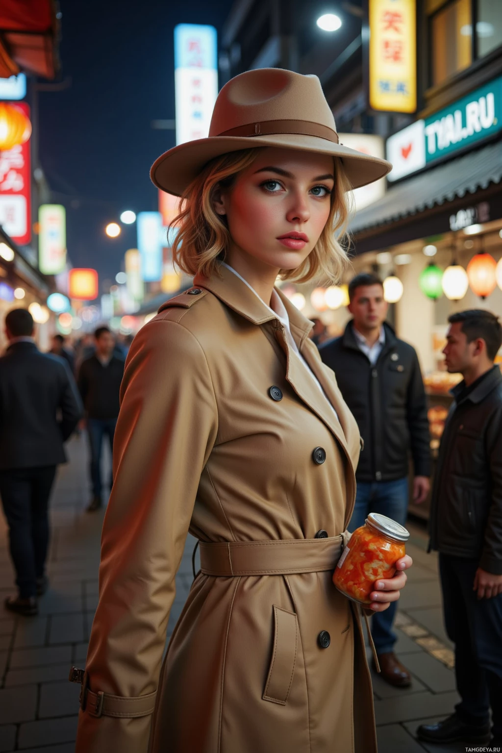 Realistic high quality photo. A 35‑year‑old woman with curly blonde hair, blue eyes, pale skin, wearing a beige trench coat and a wide‑brimmed hat, holding a journal, stumbling over a discarded kimchi jar in a bustling Seoul night market illuminated by flickering lanterns, vendors calling, warm street food aromas and bustling crowds, modern realism.