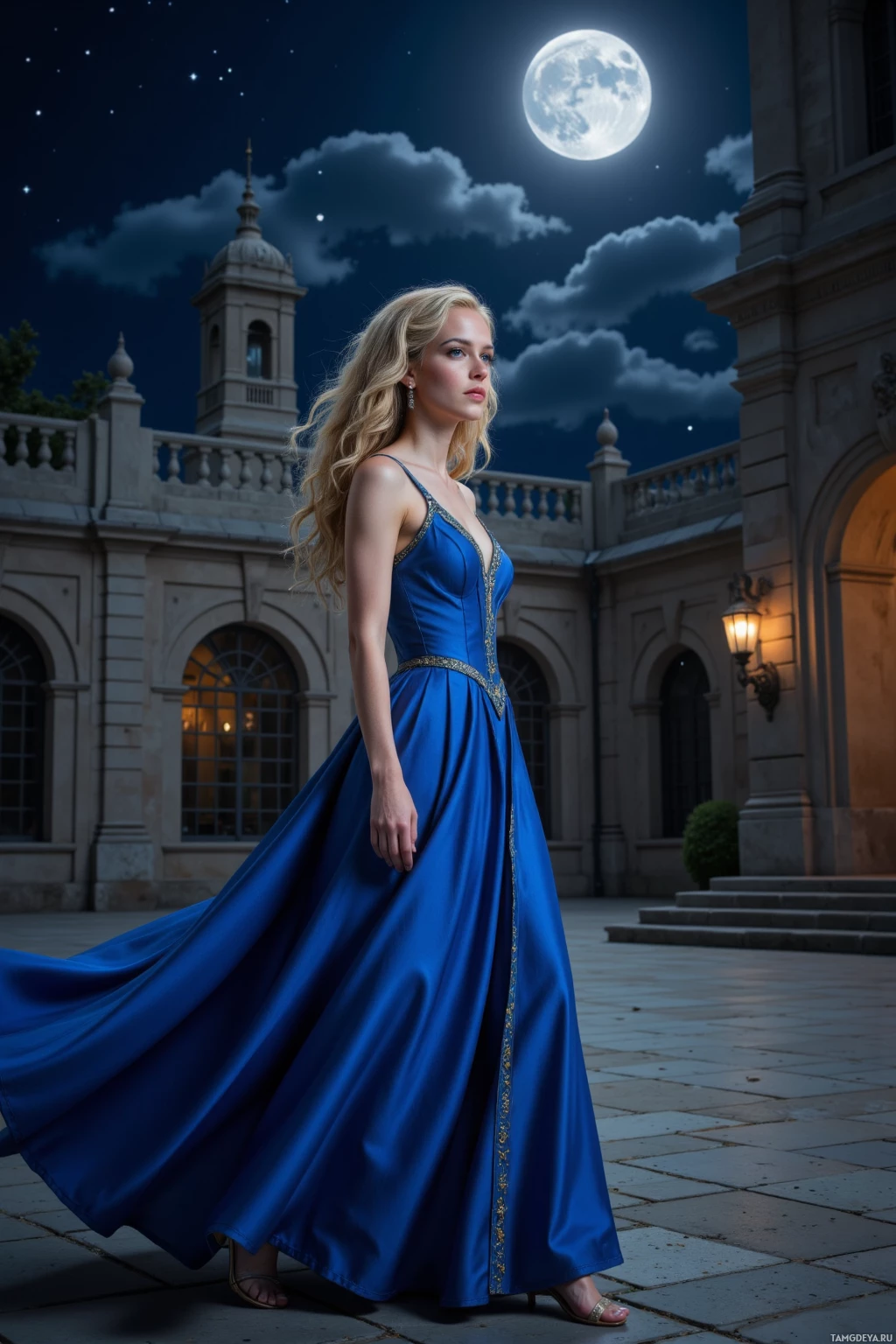 Realistic high quality photo. A poised 26‑year‑old woman with curly blonde hair and bright blue eyes steps into a moonlit courtyard beside a stone council hall, her fair skin illuminated by silver light, wearing an elegant royal blue gown with subtle embroidery and understated accessories, calmly observing the starry night while charting alliances.