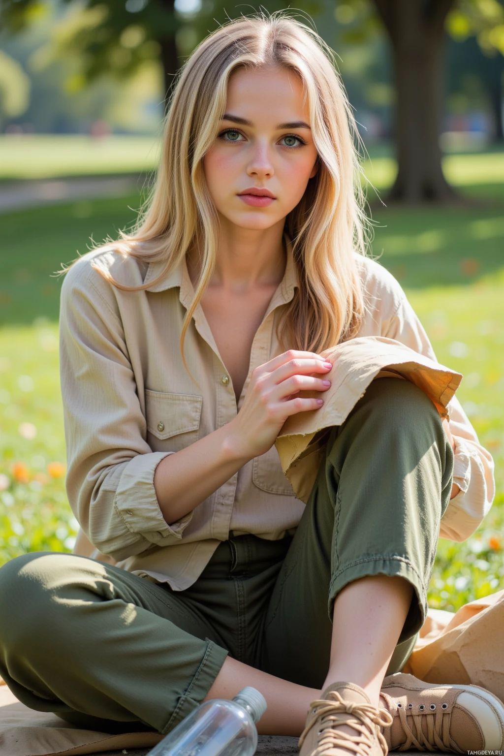 Realistic high quality photo. A young woman, 25, with long flowing blonde hair, clear blue eyes, pale skin, wearing earth‑toned linen clothing adorned with leaf patterns and brown canvas sneakers, sits on a park bench in early morning light, folding a stack of reusable paper bags while a discarded plastic bottle lies beside her on the grass, exuding calm determination and gentle environmental activism.