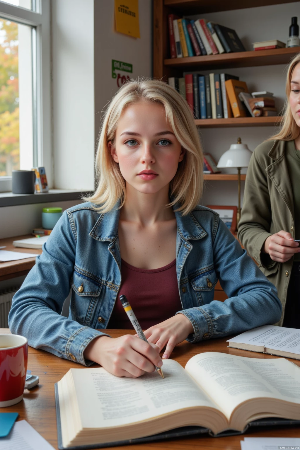Realistic high quality photo. Female 26-year-old with a blonde bob haircut, bright green eyes, fair skin, wearing a casual tee and denim jacket, sits at a cluttered desk filled with post‑its, coffee cups, half‑read novels, scribbling passionately while a laughing friend stands beside the window in a warmly lit modern home office.