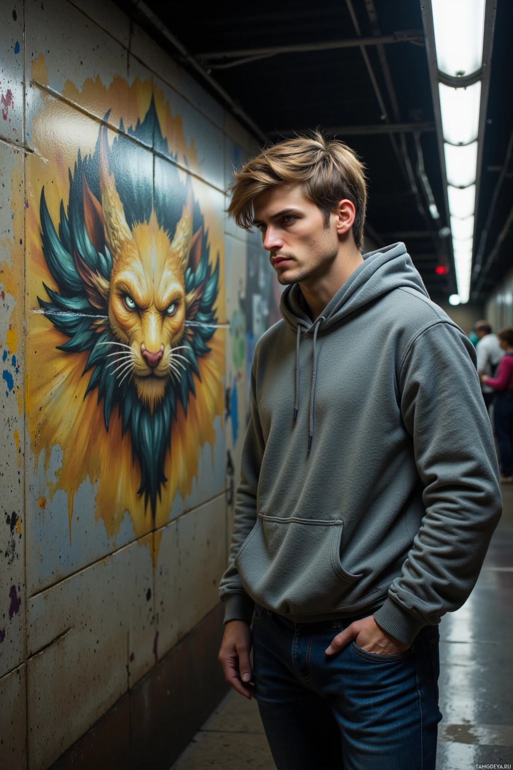 Realistic high quality photo. 30‑year‑old man with messy light brown hair, bright blue eyes, wearing a grey hoodie and denim jeans, stands in a dimly lit subway tunnel, eyes fixed on a large hand‑drawn dragon mural on the wall while a maintenance crew sketches nearby, tunnel lights flickering overhead.
